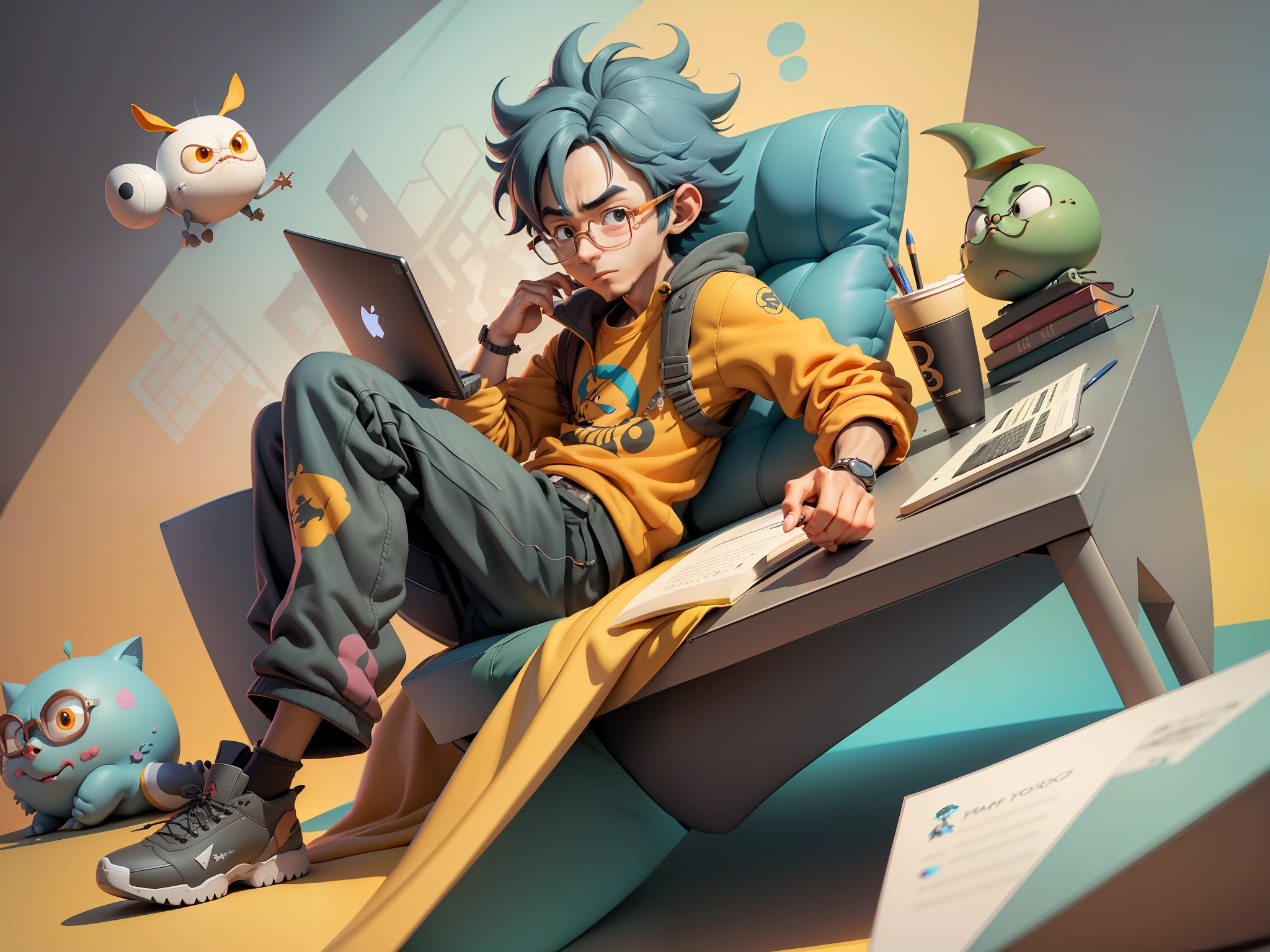 A young man with glasses sits at his desk，holding laptop，digitial painting，3D character design by Mark Clairen and Pixar and Hayao Miyazaki and Akira Toriyama，4K HD illustration，Very detailed facial features and cartoon-style visuals。