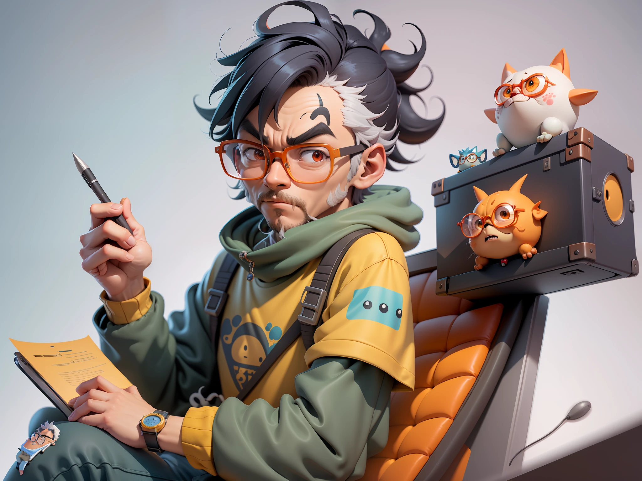 A young man with glasses sits at his desk,holding laptop,digitial painting,3D character design by Mark Clairen and Pixar and Hayao Miyazaki and Akira Toriyama,4K HD illustration,Very detailed facial features and cartoon-style visuals。