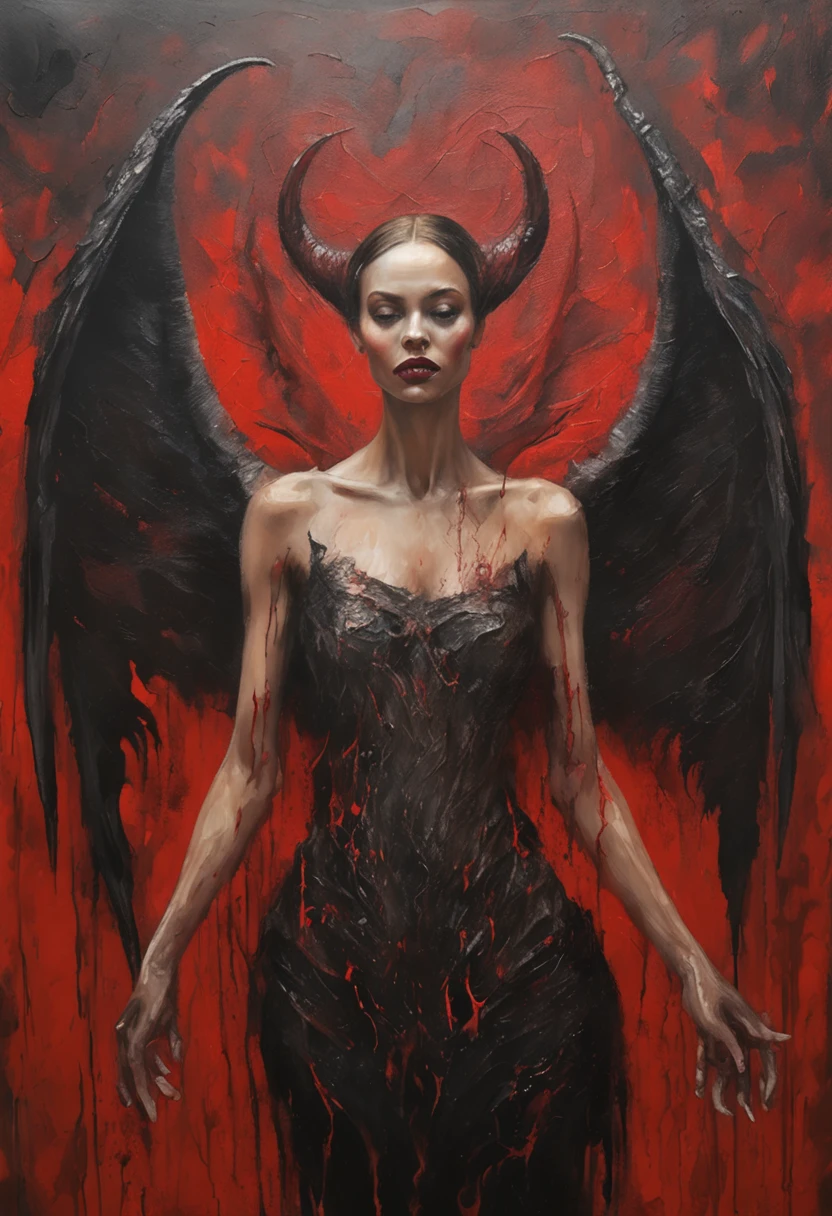 simple dark magical background , horror scene , beautiful female devil , red magical glowing eyes , magical reddish glowing little orb in two hand at once , female devil staring at orb , dark big wings , ultra detailed face , (ultra detailed scene) , (ultra detailed orb) , (ultra beautiful face) , (ultra detailed hands) , (ultra detailed wings) blood splashed on body, pale face , dark red lip , black underwear , shaped body , red magic around her , magic twirling around, ，Camel toes，thin gap