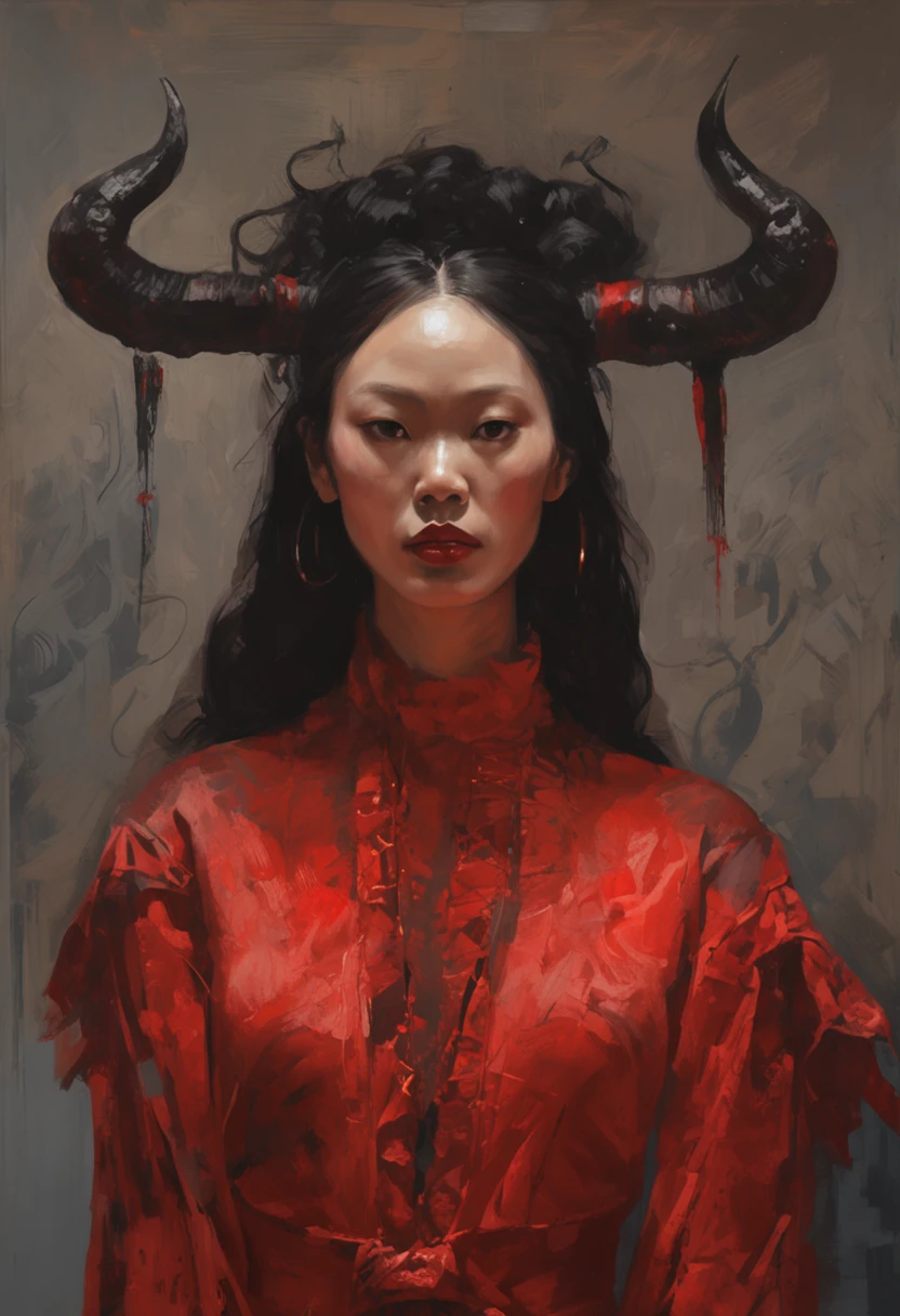1 beautiful devil woman from hell, In the Dark: 1.6), surreal female portrait by David Hockney and Alphonse Mucha, fantasy art, korea doll, photorealism, dynamic lighting, artstation, poster, volumetric lighting, very detailed faces, 8k ultra, Awarded, in the dark, deep shadow, low key, cowboy lens, (Red phoenix dress: 1.4), long hair, black hair, bust, luxurious palace, Royal style, devil crown, red eyes make up very sharp and detailed, The most beautiful face, The breasts are very big and round and round, Super realistic, chinese women's clothing, polo neck sweater, Charming smile, The eyes are very well made up, guweiz, devil style, wearing black mesh socks, Ponytail with a bow tied at the back of the hair, Red black lips, Devil tattoo on shoulder, wearing a thin red and black robe, the landscape is overcast and thunderous, (Portrait), Close-up of the main character, (Background details 1.8),