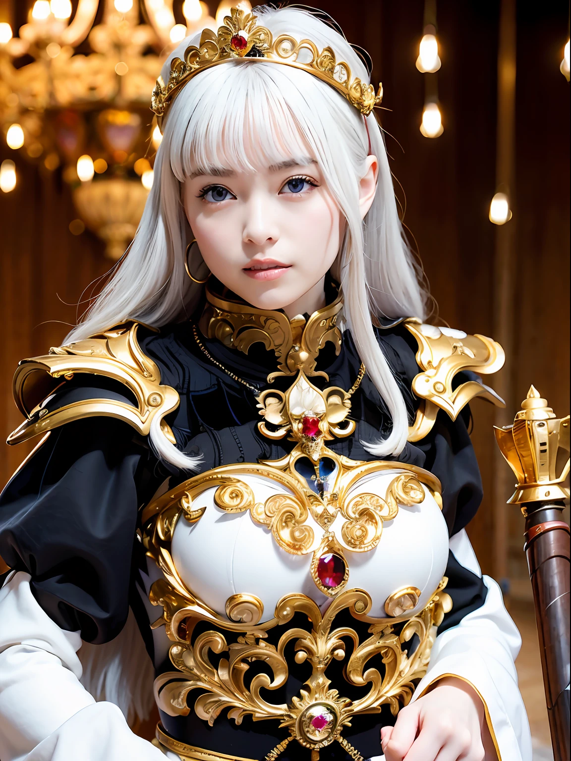 (masutepiece), Professional , masterpiece、top-quality、photos realistic , depth of fields (Gemstone Silver Metal Body:1.9),(Matte White、Jewel Gold Weapon(Jewel Metal Body:1.4),Gorgeous metal weapons , Detailed Sword of the Brave , Beautiful knife ,warhammer 40k , adepta sororitas,Detail and ornate jewel crown、Black hair、Gangle's forest background、Beautiful Caucasian beauty、1a person、dynamic ungle,(((Detailed and ornate diamond crown)))、Smaller head、A smile、Take a sexy pose、Background inside the castle、Thin and beautiful female hands、cleavage of the breast、Soldier in iron armor on background、Soldier in iron armor on background、
