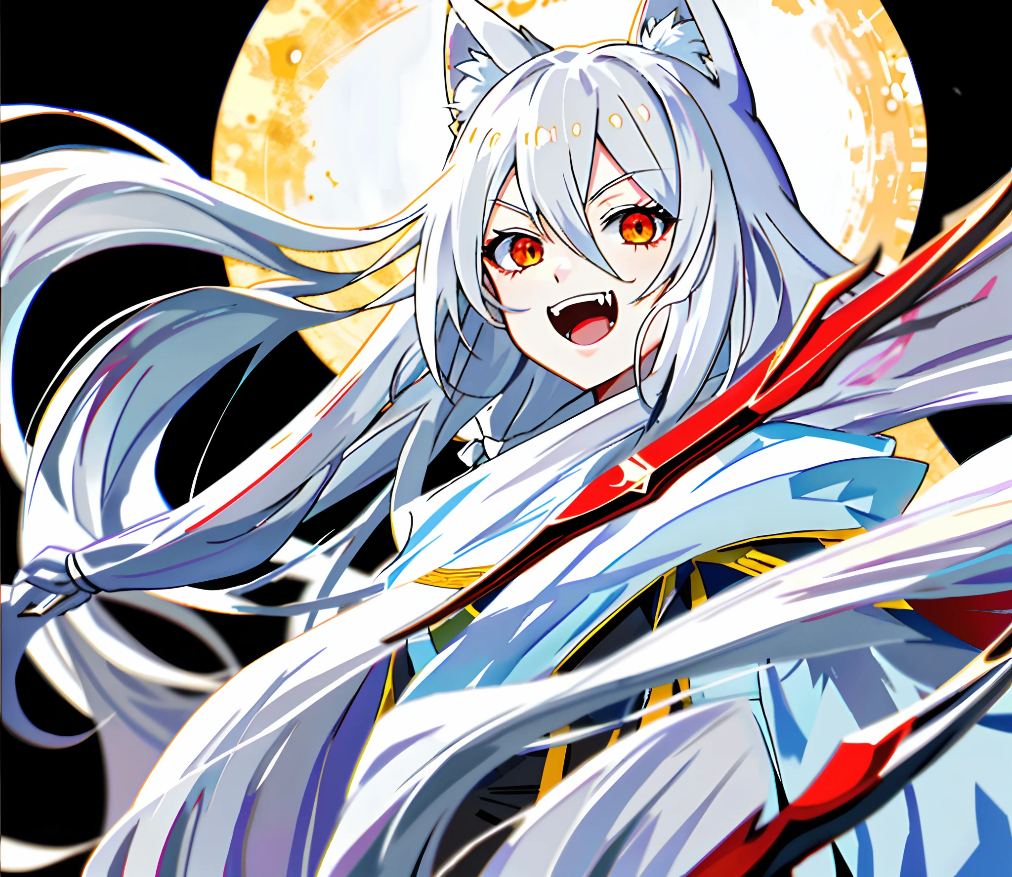 Anime girl with long white hair，Bad laughs，fang，Hold the scythe，full bodyesbian，ultraclear，tmasterpiece