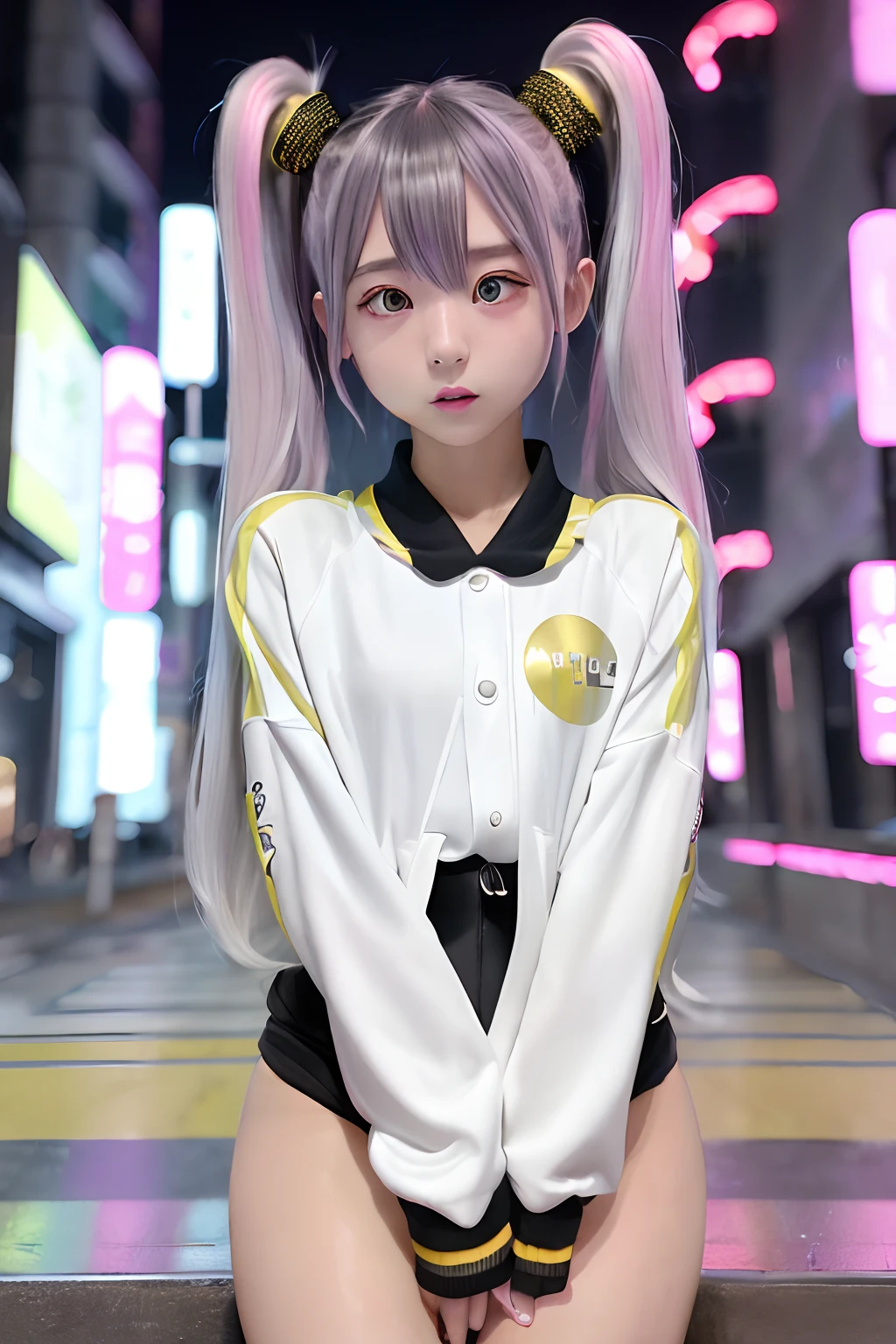 miku hatsune、Track jacket、Jersey、Golden and black and light blue and silver and pink hair、O cabelo multicolorido、Photorealsitic, hight resolution, Heterochromia eyes, small moles under eyes、bob cuts、Blunt bangs、Lucy\(cyberpunked\), 1girl in, hair scrunchie, hime-cut, silber hair, Color Chip, fullmoon, grey  eyes, white  shirt, Black tie、Black shorts、long-sleeve, (Look at viewers), Medium Hair, O cabelo multicolorido, Bangs parting, cparted lips, A pink-haired, Red Eyeliner, red-lips, 独奏, White jacket, cyberpunked\(Series\), Rainy night in cyberpunk city with glowing neon lights,frombelow, yes、all-fours、Huza