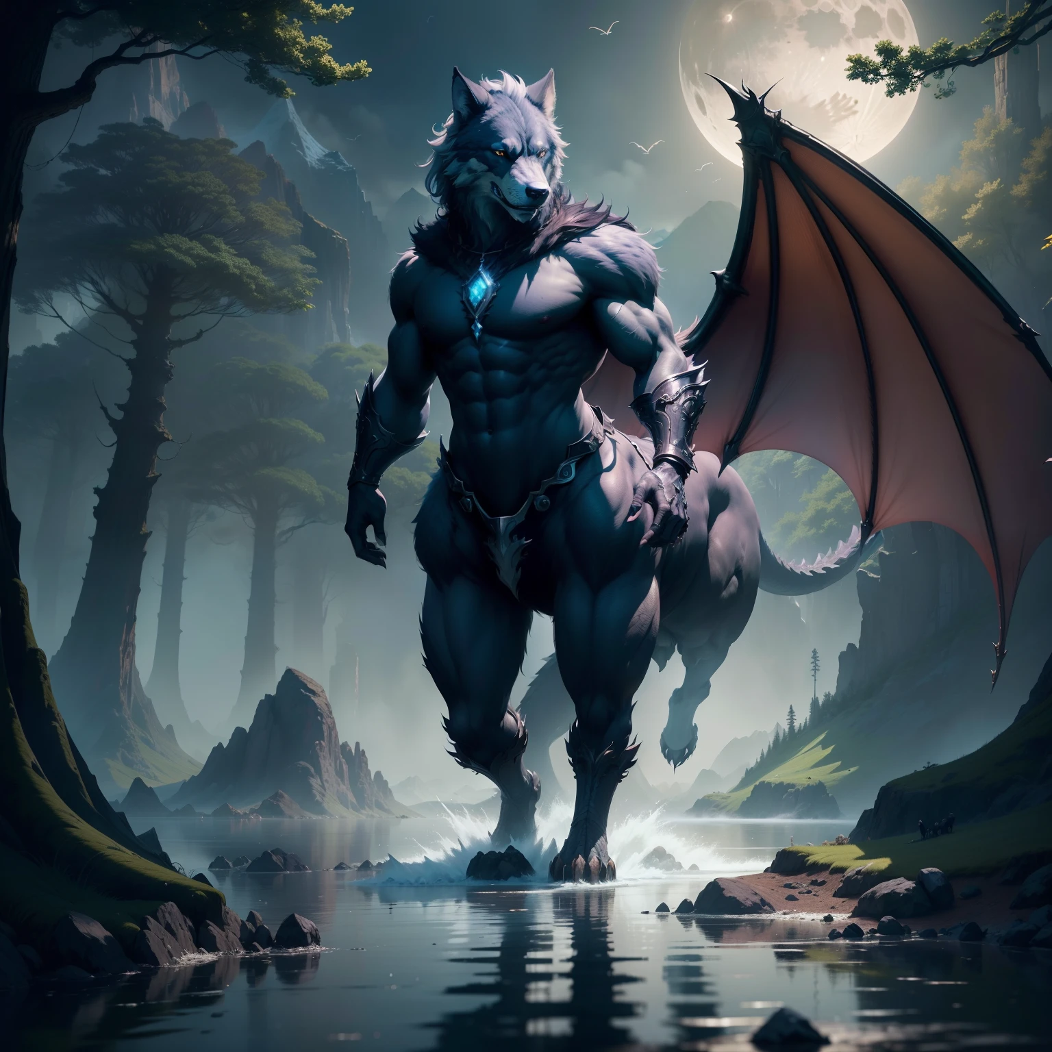 tmasterpiece,Best quality at best,high high quality,the Extremely Detailed CG Unity 8K Wallpapers,An enchanting and dreamy scene of a fantasy forest,towering trees,Mountains and lakes with moon in the sky,Highly detailed digital art in 4K,4K HD wallpapers very detailed,impressive fantasy landscape,Sci-fi fantasy desktop wallpaper,Unreal Engine 4K wallpapers,4K detailed digital art,Sci-fi fantasy wallpaper,Epic dreamy fantasy landscape,4k hd matte digital painting,8K stunning artwork,half wolf, The half-dragon stands on its hind legs in the water,Sideways photo,There are extra-long dragon tails。There are vertical scales on the back。The eyes are fierce。Has big furry ears。The villain is handsome,Strong and powerful, Dramatic cinematic details fur, hyper realistic fur, highly realistic photograph, cinematic full body shot, cinematic full shot, guardian of the holy lake, adventure hyper realistic render, volumetric fur, ultra-realistic picture, Make a gesture of majesty, hyperreal rendering,A combination of mythical creatures, Wolf and dragon