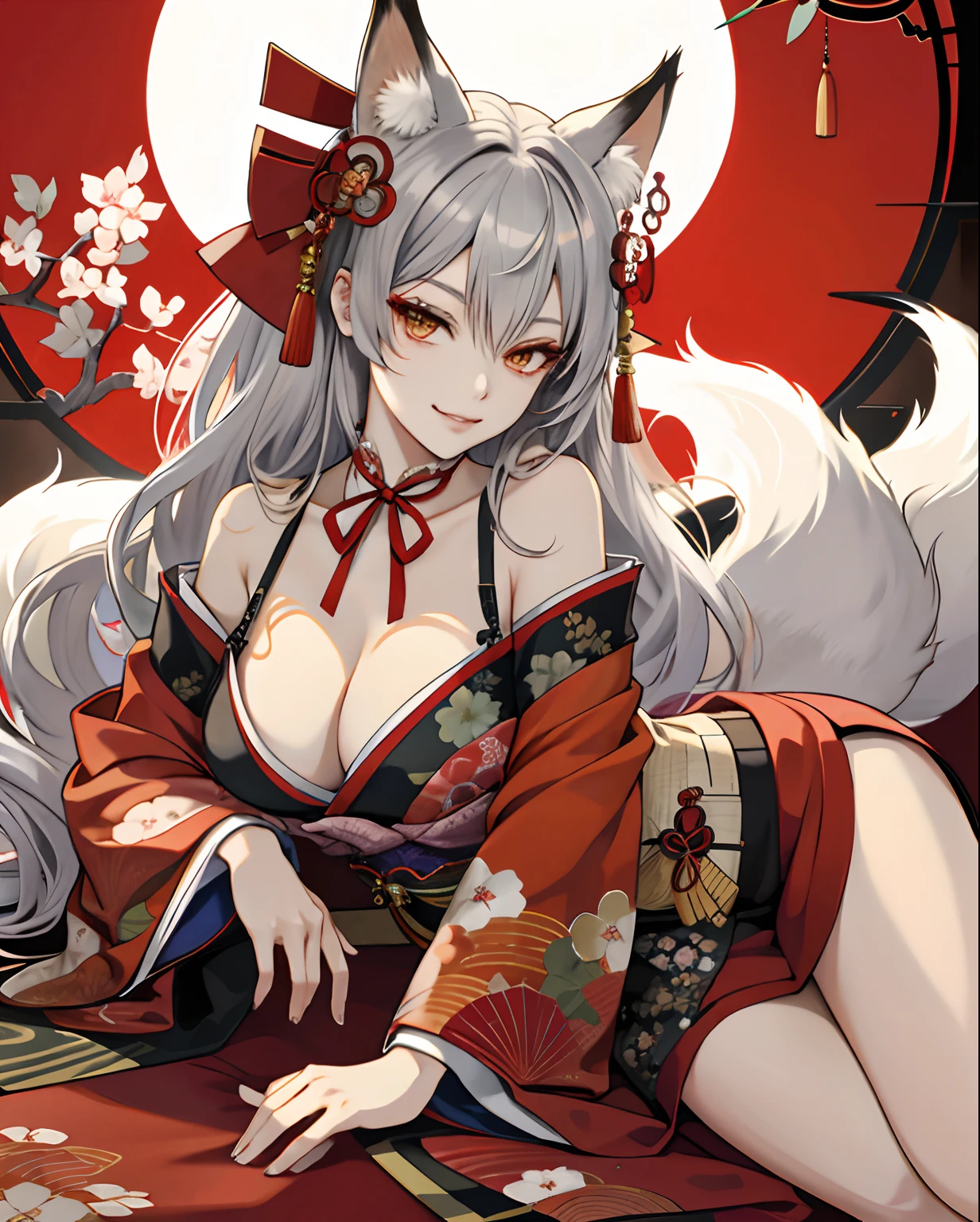 A Oiran masterpiece,solo,Nine tailed fox , beautiful, top quality, cleavage, fantasy,long silver hair,hair jewelry, Big boobs, big chest,elegant, attractive smirk ,fox ears, big ruby eyes,Traditional Japanese long dress (Kimono,exquisite, multi-layered)), red eyeliner on the lower lid,lying position, head on hands,bow ribbon tied at the neck,Evening scene of old Japan Edo period