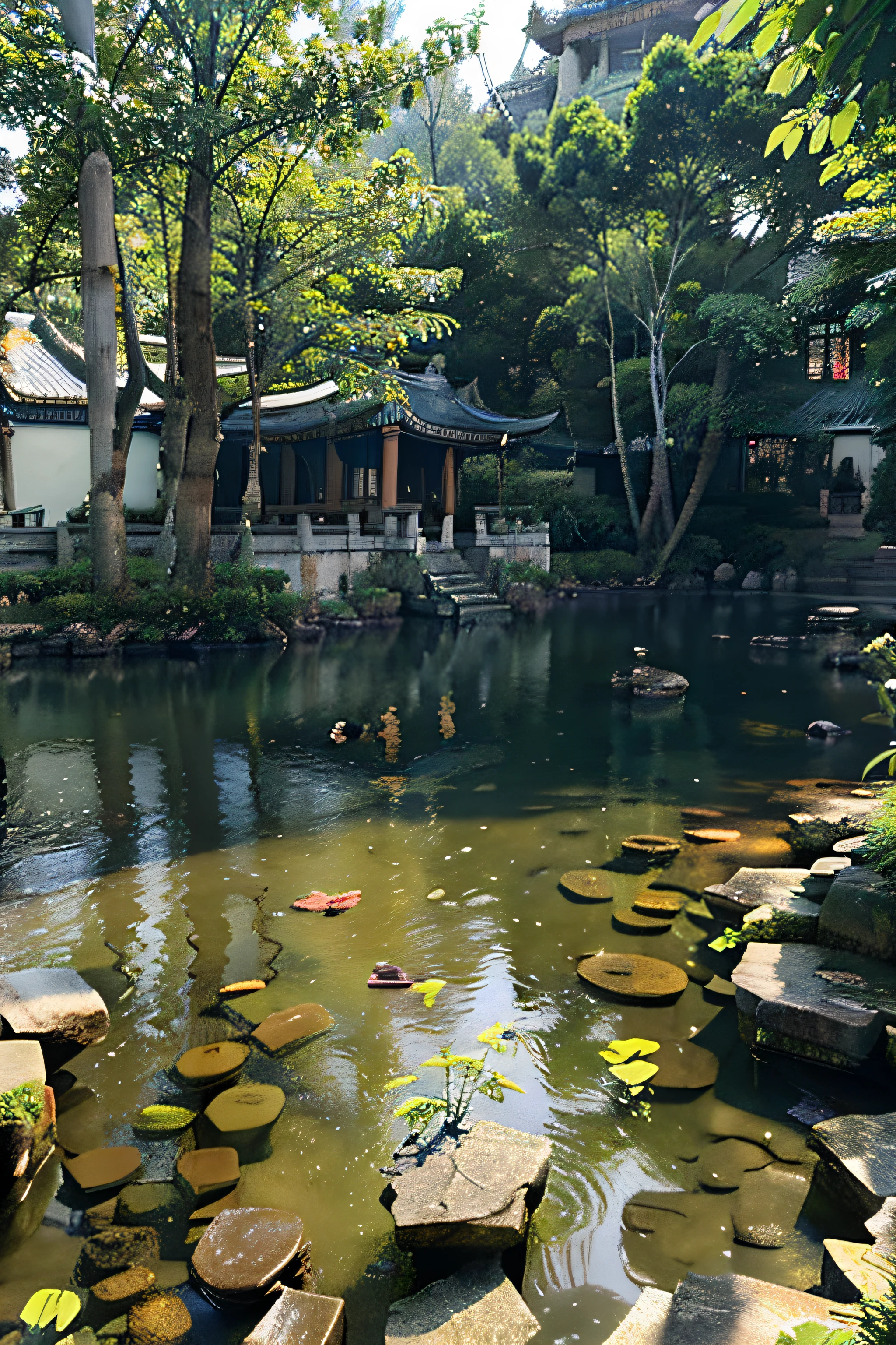 ((Best quality, masterpiece: 1.2)), CG, 8K, intricate details, cinematic perspective, (no one around), (Ancient Chinese garden), pond filled with lotus flowers, rocks, flowers, bamboo forests, waterfalls, wooded areas, small bridges spanning babbling streams, detailed foliage and flowers, (sunlight shining, sparkling waves), peaceful and serene atmosphere, ((soft and elegant colors)), ((exquisitely crafted composition))