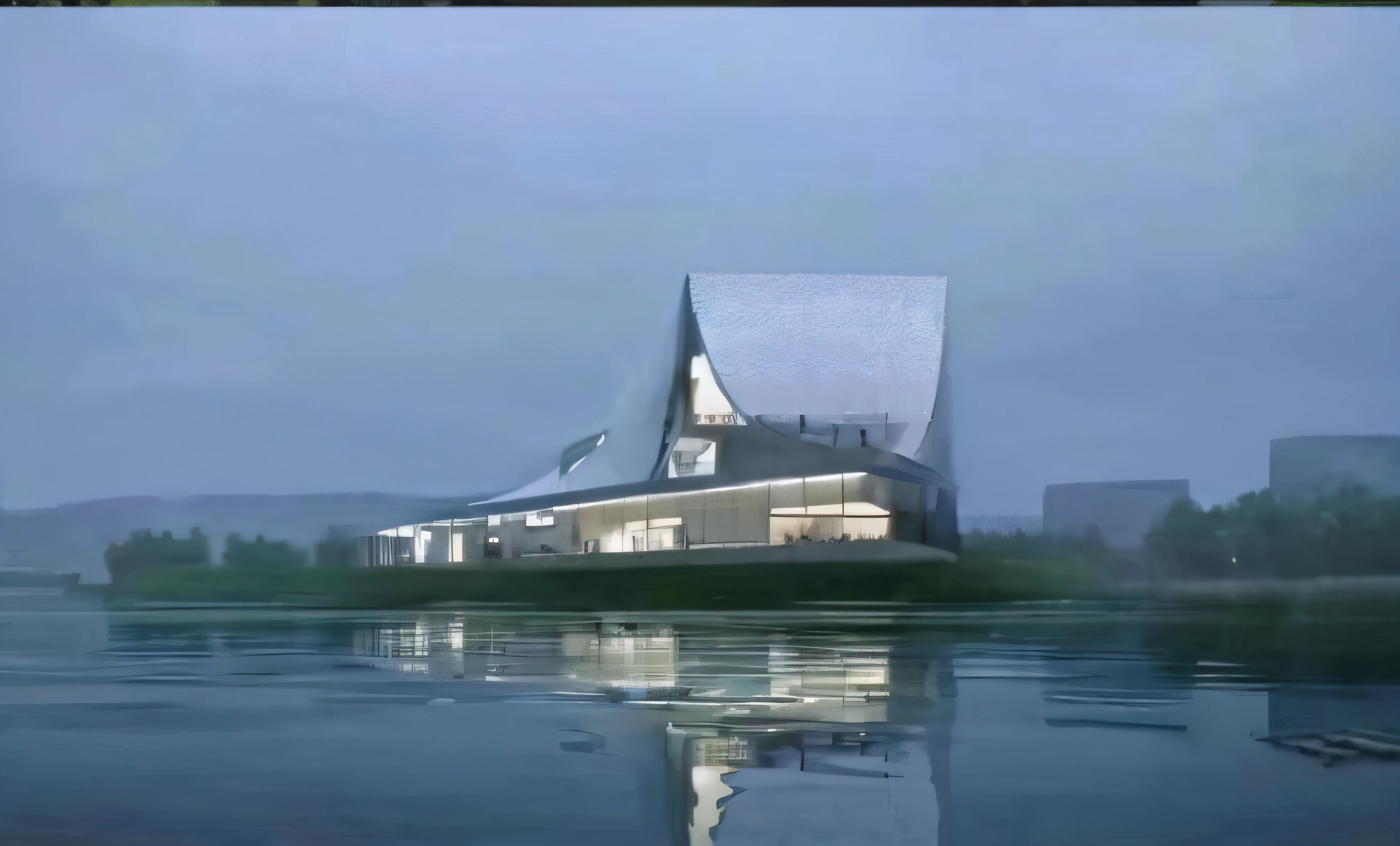 There is a large building sitting on the water, author:Chass is silent, inspired by Zha Shibiao, Futuristic church, in style of norman foster, Realistic architecture, architectural render, archviz, Floating palace, concept house, inspirational architecture, large futuristic residence, building along a river, great architecture, architectural concepts, architecture render, architectural concepts
