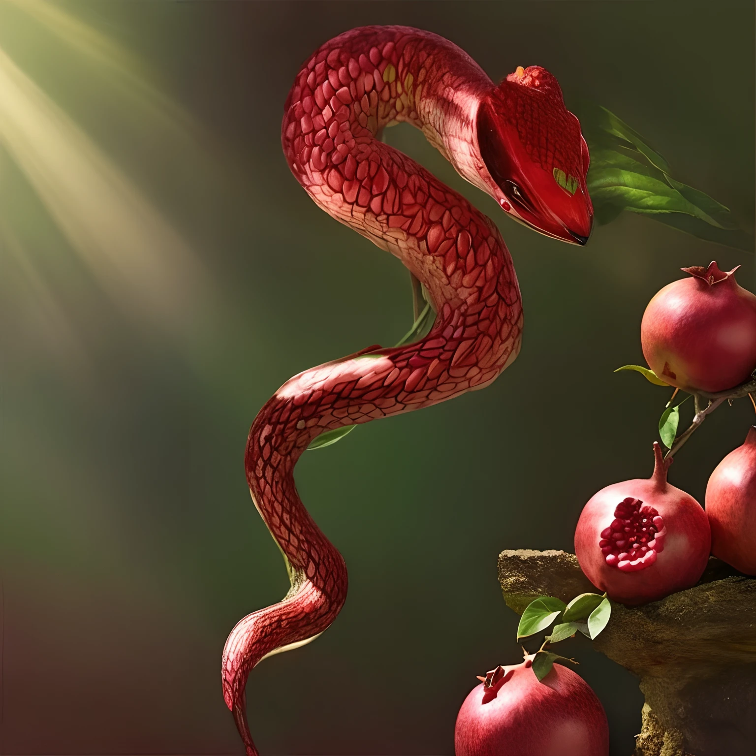 A snake with a pomegranate body with a broken pomegranate fruit head