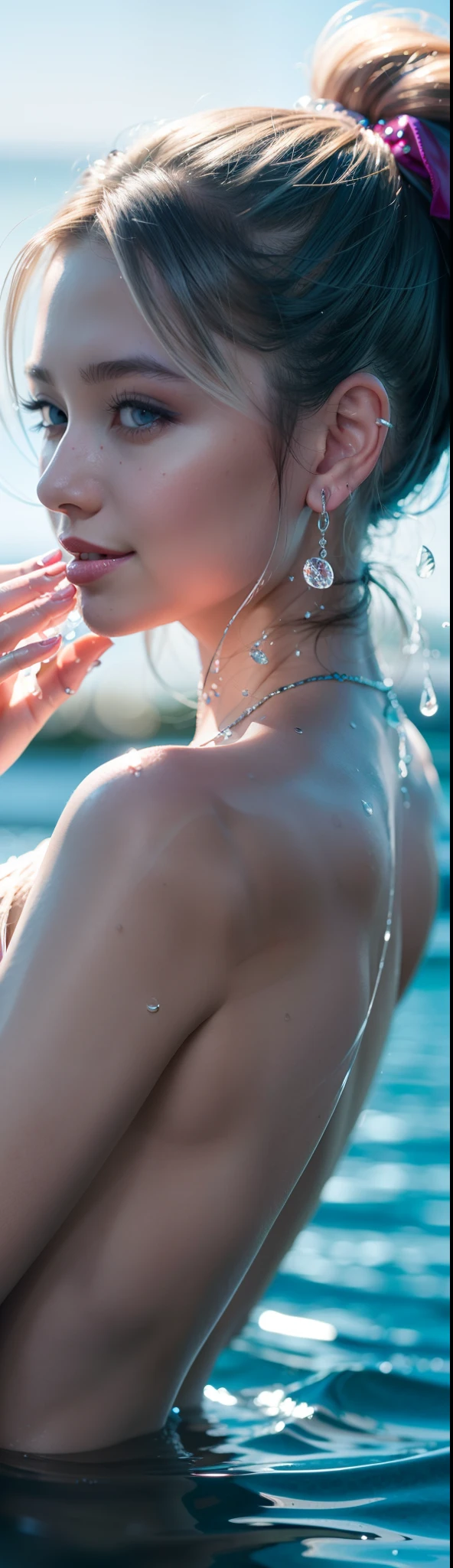 facing away from the audience，Silver-haired woman with double ponytail，watery big eyes，Pink hair accessories，Enchanted smile，Get out of the water，Detailed depiction of water droplets on the body，Delicate back rose pattern tattoo comes to life，There is fog on the surface of the water，Blur lighting effects，Close-up shot，Best quality photos，16K High Resolution。