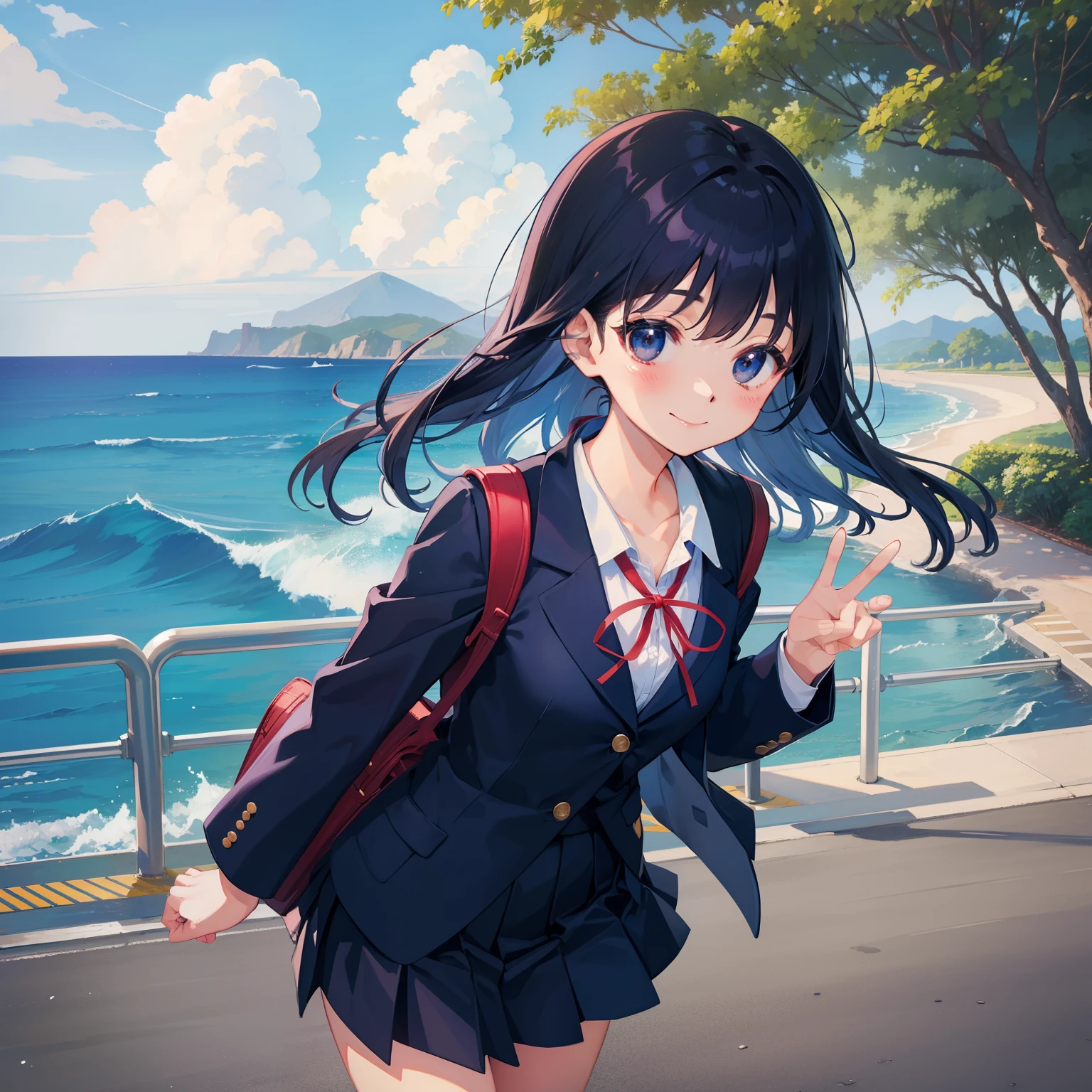 One 、blue open sky、Schools、Navy blue suit、Navy blue pleated skirt、Red Ribbon、Black hair（Double knot）、A smile、Road near the sea、red school bag