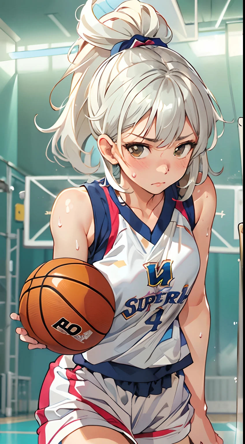 (((masterpiece))), (((best quality))), (((ultra detailed))), (((high-resolution))), ((super fine illustration)), ((Ultimate cutie)), detailed beautiful face,(white hair),(short hair),shiny hair, ((((gyaru)))), (medium breasts), (((solo))), (((embarrassed expression))), ((basketball player)),((dunk shot)), (((hand on the ball))), (sleeveless basketball Uniform), knee pad, elbow pad, ((sweat)), ((covered in sweat)), ((fog)), in basketball Court, lighting, ((from behind)),(((looking at viewer)))