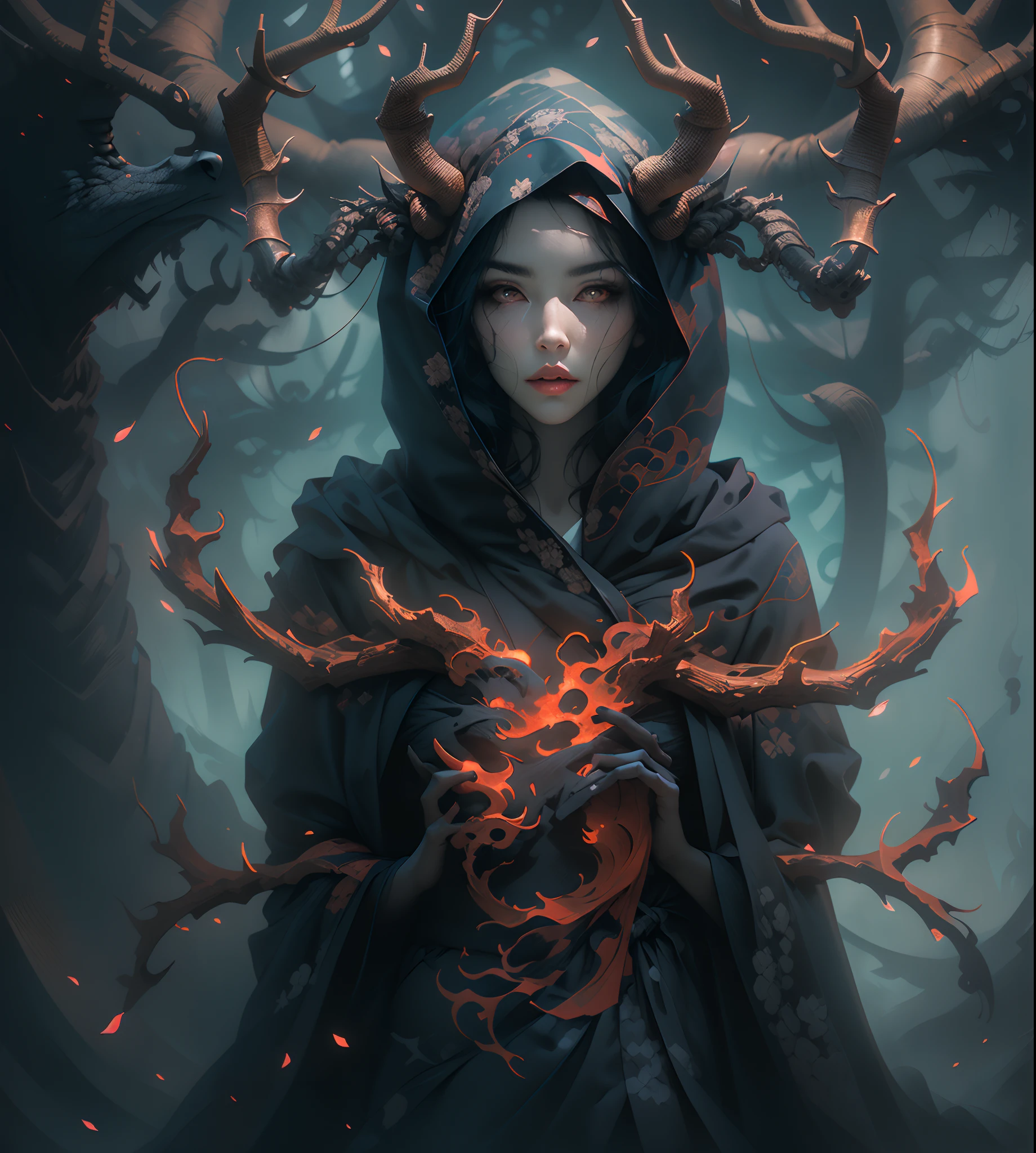 独奏. (Gray gloomy background, Dark Forest, Gray gloomy background, Dark Forest. Gloomy and hopeless, Dark dramatic lighting, vignette), Realistic eyes, beatiful face, 1A girl with a perfect body, Druid, with large deer antlers on the head, cos, wrapped in branches;, (She is dressed in a hooded suit), ((perfect anatomy)), Upper torso, glowing eyes, A surge of dark magic, gotik, Burnt orange gradient, Magic, Nature, Magic Splash, Fantasy art, Digital Painting, soft-lighting, isometric style, retro aesthetics, 4k resolution, с Cinema 4D, natural lighting, Cinematic, Masterpiece, Highly detailed, Intricate, Extreme textures, Horror, terrific, Creepy, Scarimok a sense of sophistication and tranquility. Accentuate the low-poly style, The overall aesthetic should be sleek and stylish, which makes it suitable for branding and logo.