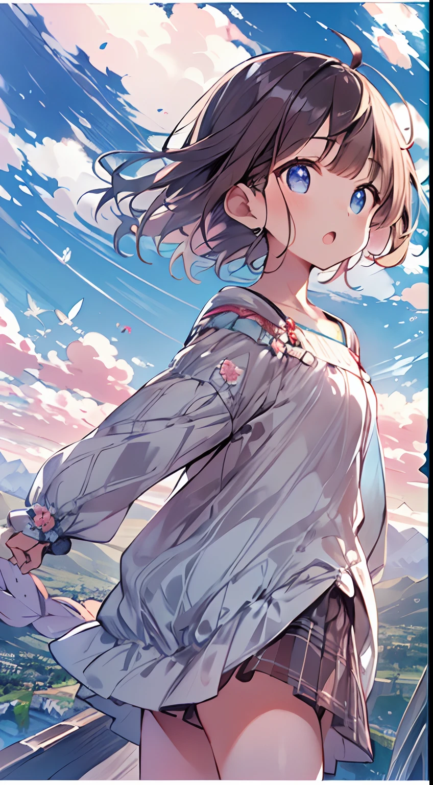 masutepiece, Best Quality,Illustration, Wallpaper, Ultra Detail, absurderes, 1little girl, (Medium short hair、short braided hair), Beautiful ultra-detailed eyes , Hair fluttering in the wind、:O、Smaller head、Beautiful sky、(a panoramic view:1.5)