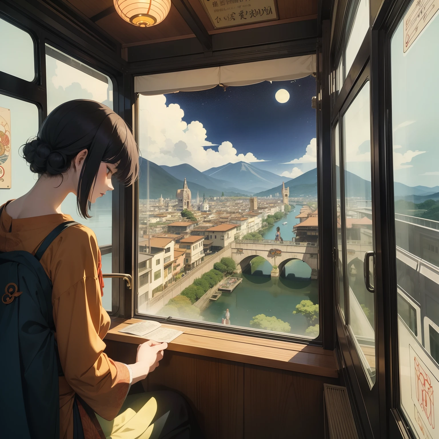 Ukiyo-e style Dorothy P. Lathrop, Florence Harrison Anime surreal wondrous strange Whimsical absurderes fanciful Sci-Fi Fantasy Mainspring train commute To another world
