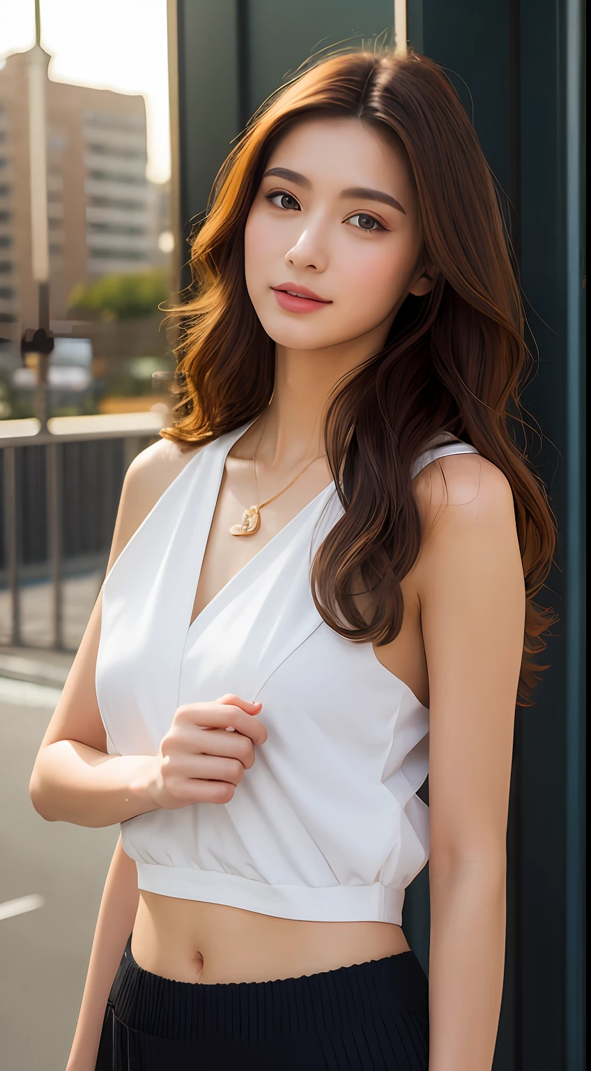 (best qualtiy,A high resolution,tmasterpiece:1.3),A tall and beautiful woman,Slender abs,Dark brown hair in loose wavy styling,nedium breasts,Wear a pendant,Deep VT shirt,obi strip,a black skirt,(Modern architecture in background),Beautifully rendered details in face and skin textures,Detailed eyes,二重まぶた