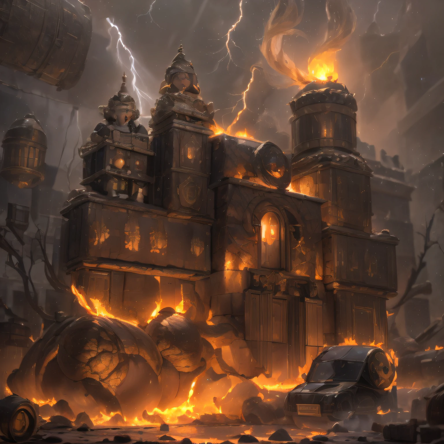 In heavy rain,((A huge castle complex,Ancient square-topped stones burned in the fire))The picture quality is excellent,Lightning,Yellow light fog,电影灯光,Natural, Realistic colors,Full composition,The style refers to Van Gogh,Subject content,Burning wooden ancient domed stone monolith game scene 1:60 miniatures,Lightning and lightning