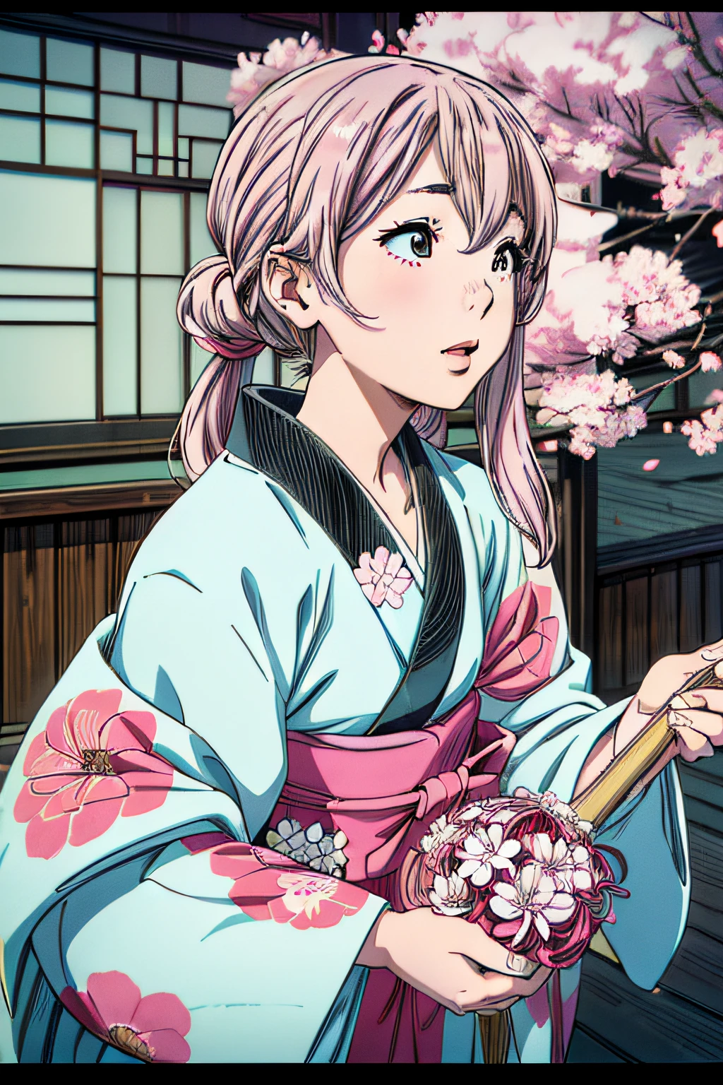 jpn_hi-school girl、Kimono,actionpose、cheerfully、Overflowing、ink art、((top-quality、8K、masterpiece:1.3))、(Clear focus:1.2)、(comic book style),(Pop),(linear art_Anime)、(PastelColors:1.2),((monotone_High Contrast Art:1.2))、flat chest、(the complex background:1.2),(Lola:add more details:1.2)、sharp outline、sharp lineart、Old Japan cityscape background、Background of traditional patterns of Japan、cherry trees、chrysanthemums、Peonies、bamboo
