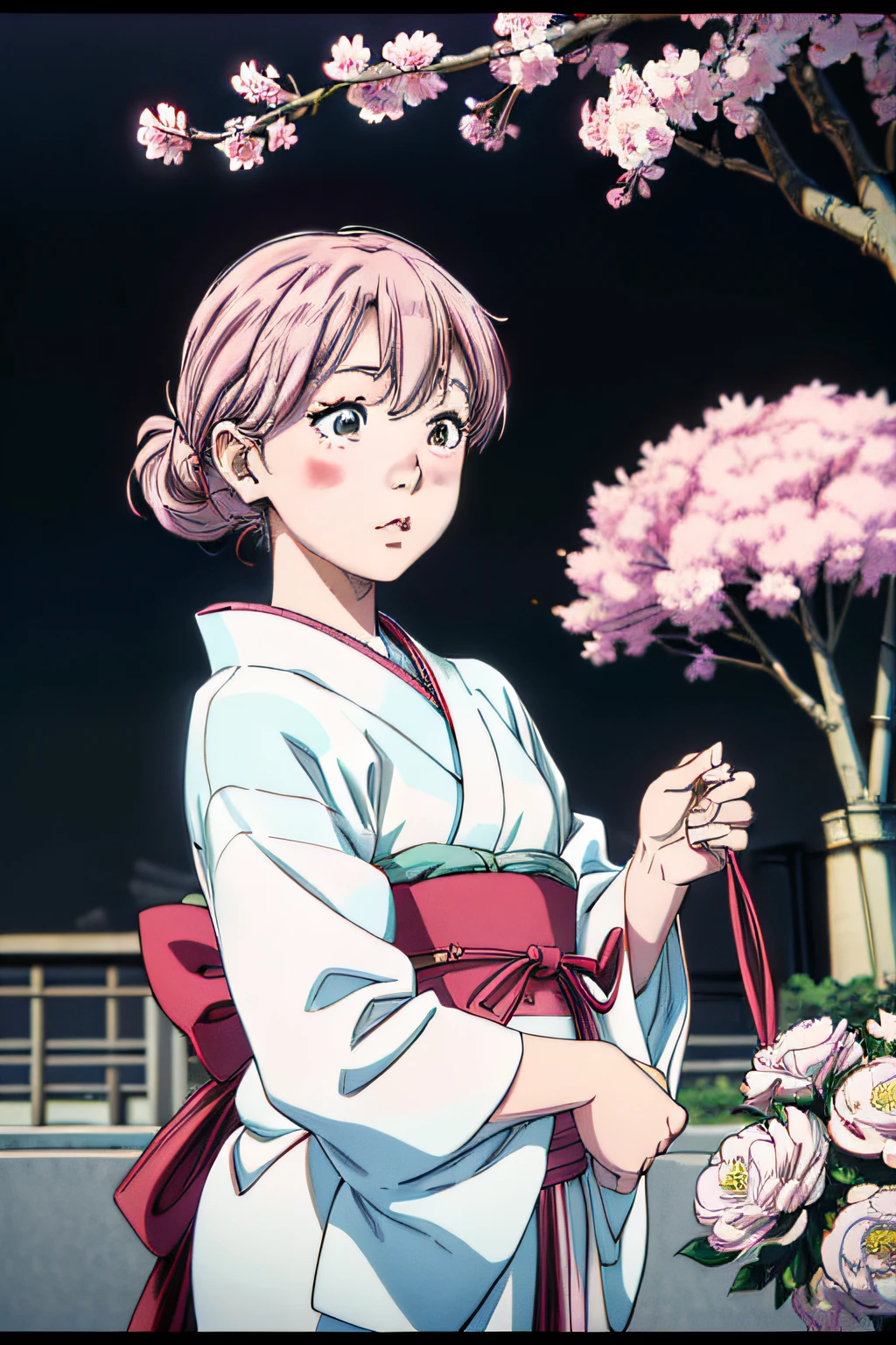 jpn_hi-school girl、Kimono,actionpose、cheerfully、Overflowing、ink art、((top-quality、8K、​masterpiece:1.3))、(Clear focus:1.2)、(comic book style),(Pop),(linear art_Anime)、(PastelColors:1.2),((monotone_High Contrast Art:1.2))、flat chest、(the complex background:1.2),(Lola:add more details:1.2)、sharp outline、sharp lineart、Old Japan cityscape background、Background of traditional Japan patterns、cherry trees、chrysanthemums、Peonies、Bamboo