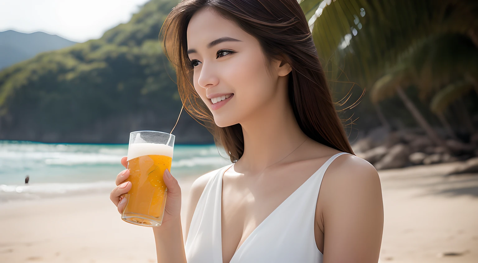 "Please generate an image of a sun-drenched tropical beach as the backdrop. An Asian beauty stands alone, her semi-long dark brown hair gently tousled by the breeze, adorned in a flowing white dress. With a chilled can of beer in hand, she wears a sweet post-sip smile, radiating an aura of gentle warmth. The scene is captured from a low angle, encompassing the entirety of her beauty and the stunning surroundings, all presented in exquisite detail and high resolution."