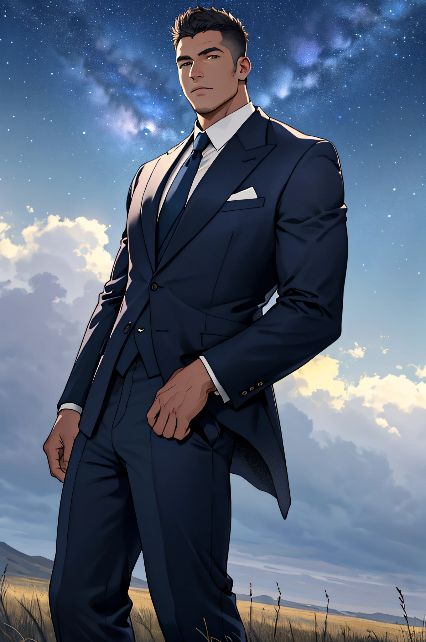 Draw a full-fledged footballer，Standing on the steppe at night，Quiet and comfortable background，He wears the same suit as the country's president，The suit fits perfectly，The man looks confident and determined，looking-down，Crew cut，full bodyesbian，Stars dot the sky，shooting from below，Big moon highlights background