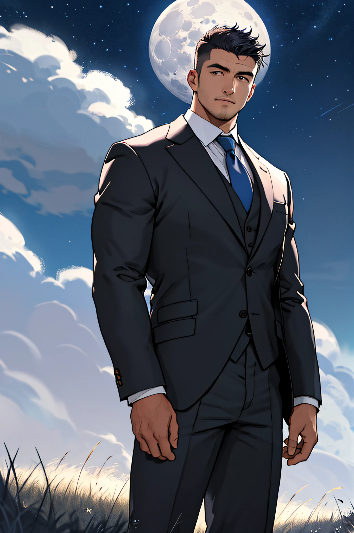 Draw a full-fledged footballer,Standing on the steppe at night,Quiet and comfortable background,He wears the same suit as the country's president,The suit fits perfectly,The man looks confident and determined,looking-down,Crew cut,full bodyesbian,Stars dot the sky,shooting from below,Big moon highlights background