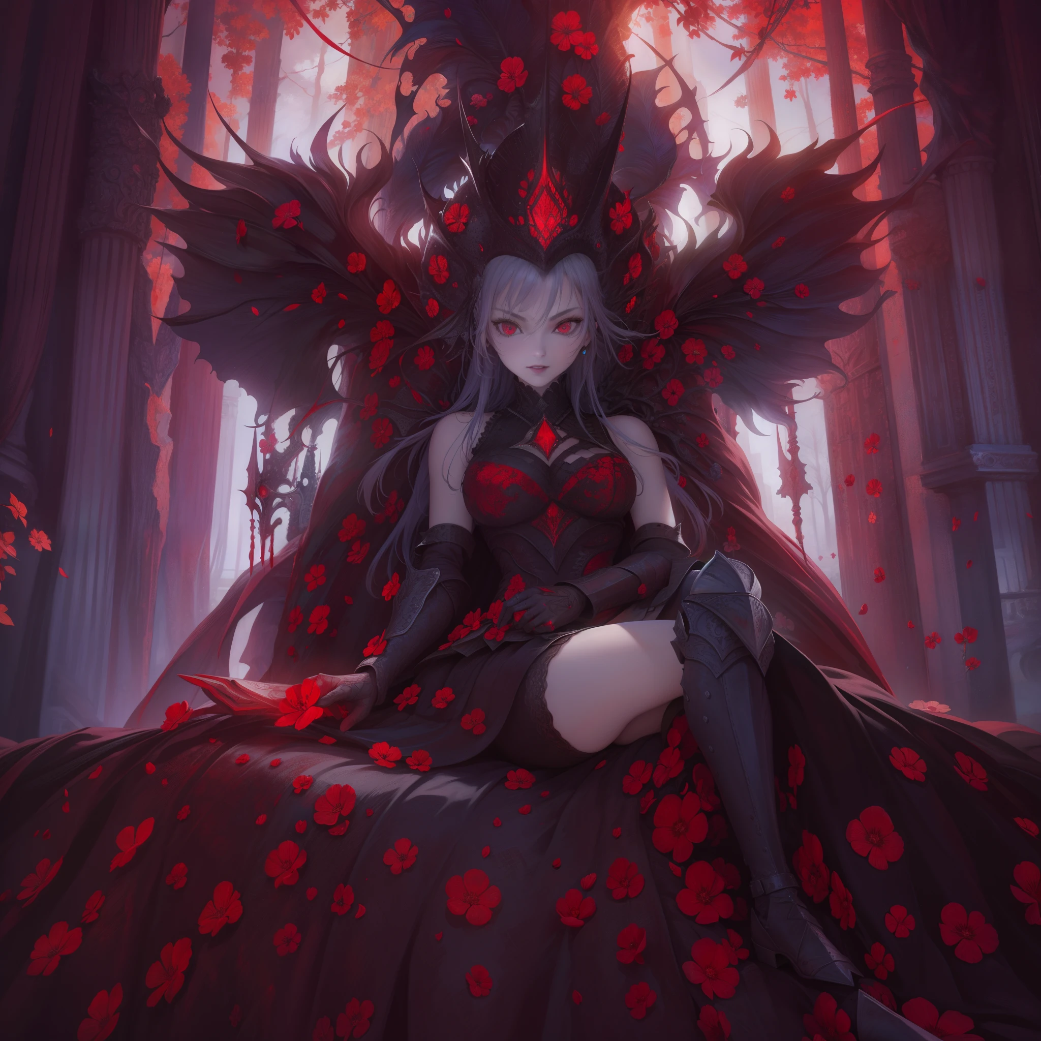 8K raw photo, Best quality, masterpiece, ultra high res,colorful,(photorealistic:1.4),Vampires，Scarlet，red eyes，raw photo, neonlight\(ttp\),1girl,solo,(perfect body shape),evil and beautiful, playful, smile, red eyes, (blood), dynamic angle, lying on throne, mystical, fanatic, intricate, surreal, delicate, wearing armored gothic dress,cinematic lighting, perfect face,detailed eyes,face