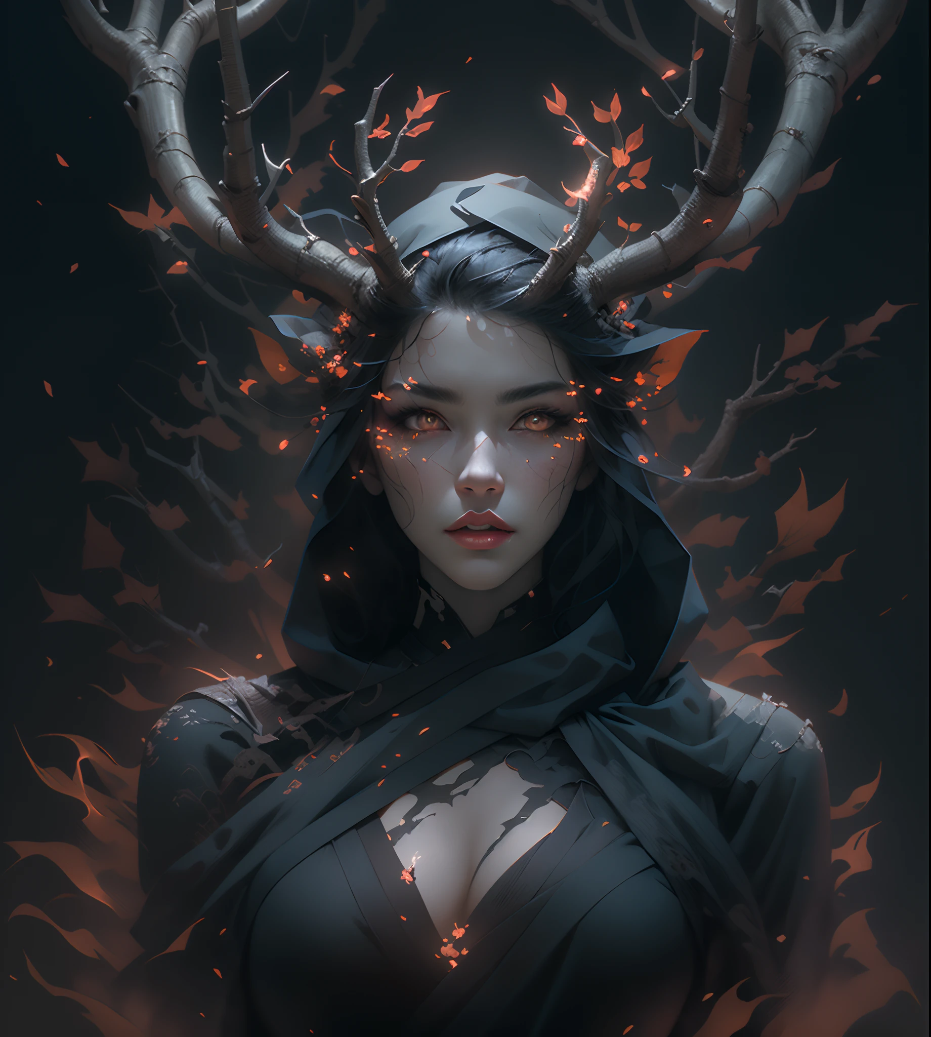 独奏. (Gray gloomy background, Dark Forest, Gray gloomy background, Dark Forest. Gloomy and hopeless, Dark dramatic lighting, vignette), Realistic eyes, beatiful face, 1A girl with a perfect body, Druid, with large deer antlers on the head, cos, wrapped in branches;, (She is dressed in a hooded suit), ((perfect ???????)), Upper torso, glowing eyes, A surge of dark magic, gotik, Burnt orange gradient, Magic, Nature, Magic Splash, Fantasy art, Digital Painting, soft-lighting, isometric style, retro aesthetics, 4k resolution, с Cinema 4D, natural lighting, Cinematic, Masterpiece, Highly detailed, Intricate, Extreme textures, Horror, terrific, Creepy, Scarimok a sense of sophistication and tranquility. Accentuate the low-poly style, The overall aesthetic should be sleek and stylish, which makes it suitable for branding and logo.