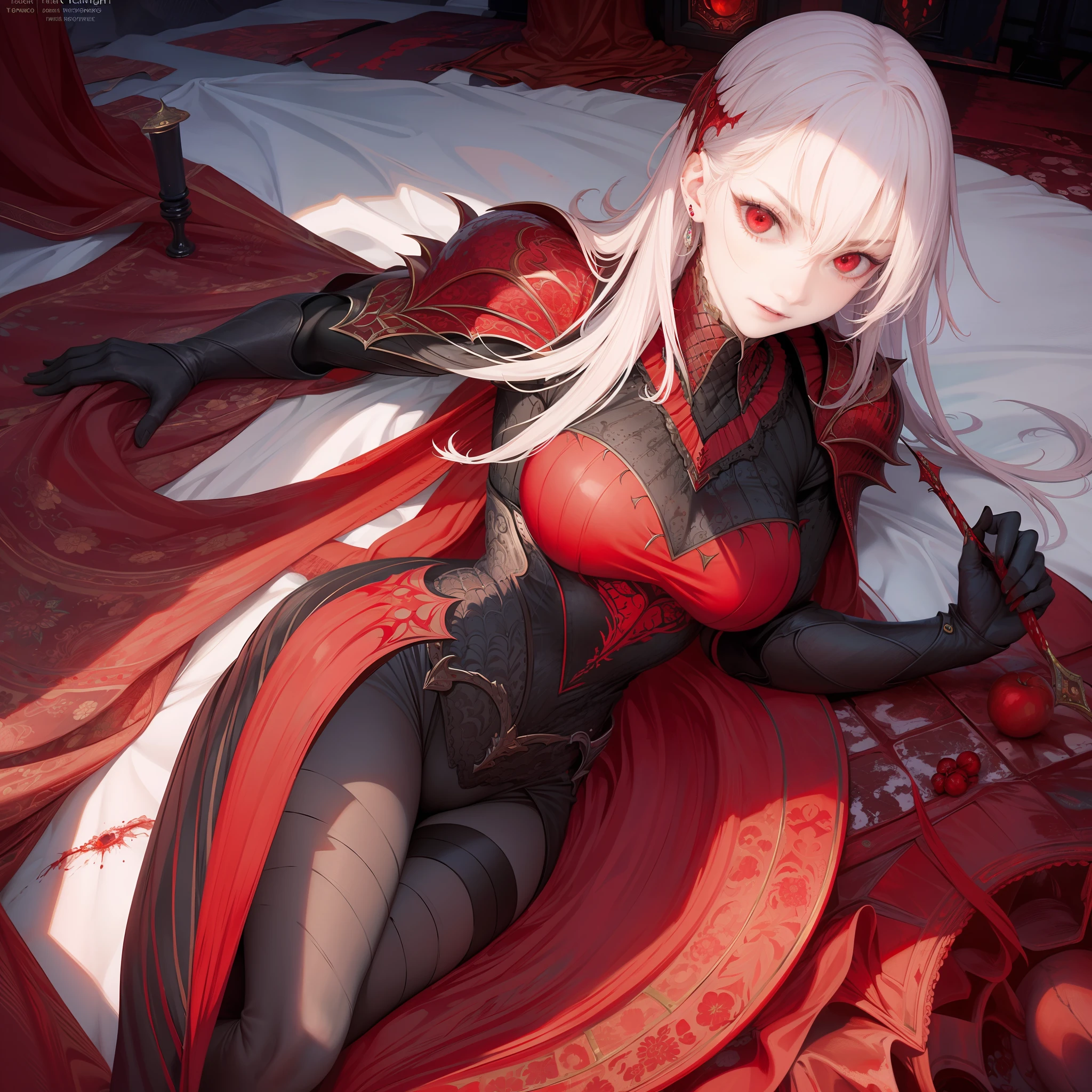 8K raw photo, Best quality, masterpiece, ultra high res,colorful,(photorealistic:1.4),Vampires，Scarlet，red eyes，raw photo, neonlight\(ttp\),1girl,solo,(perfect body shape),evil and beautiful, playful, smile, red eyes, (blood), dynamic angle, lying on throne, mystical, fanatic, intricate, surreal, delicate, wearing armored gothic dress,cinematic lighting, perfect face,detailed eyes,face