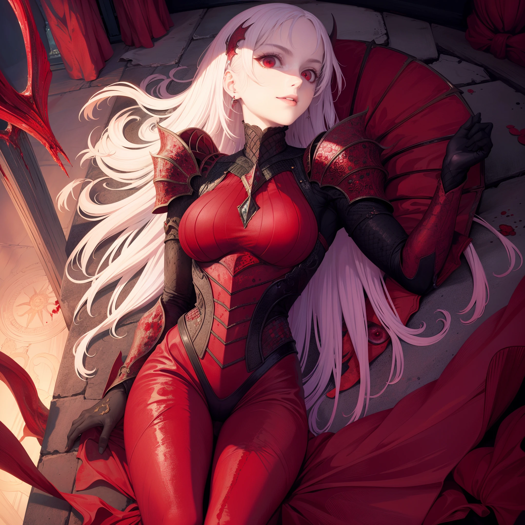 8K raw photo, Best quality, masterpiece, ultra high res,colorful,(photorealistic:1.4),Vampires，Scarlet，red eyes，raw photo, neonlight\(ttp\),1girl,solo,(perfect body shape),evil and beautiful, playful, smile, red eyes, (blood), dynamic angle, lying on throne, mystical, fanatic, intricate, surreal, delicate, wearing armored gothic dress,cinematic lighting, perfect face,detailed eyes,face