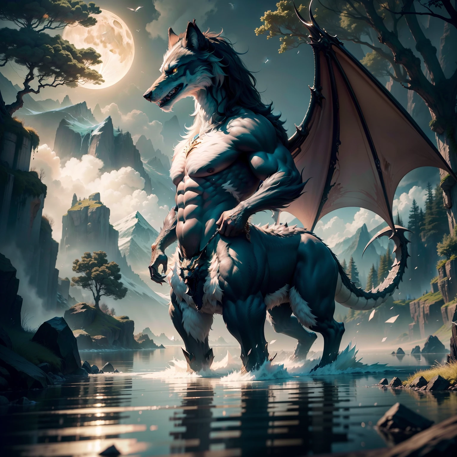 tmasterpiece,Best quality at best,high high quality,the Extremely Detailed CG Unity 8K Wallpapers,An enchanting and dreamy scene of a fantasy forest,towering trees,Mountains and lakes with moon in the sky,Highly detailed digital art in 4K,4K HD wallpapers very detailed,impressive fantasy landscape,Sci-fi fantasy desktop wallpaper,Unreal Engine 4K wallpapers,4K detailed digital art,Sci-fi fantasy wallpaper,Epic dreamy fantasy landscape,4k hd matte digital painting,8K stunning artwork,half wolf, The half-dragon stands on its hind legs in the water,Sideways photo,There are extra-long dragon tails。There are vertical scales on the back。The eyes are fierce。Has big furry ears。The villain is handsome,Strong and powerful, Dramatic cinematic details fur, hyper realistic fur, highly realistic photograph, cinematic full body shot, cinematic full shot, guardian of the holy lake, adventure hyper realistic render, volumetric fur, ultra-realistic picture, Make a gesture of majesty, hyperreal rendering,A combination of mythical creatures, Wolf and dragon