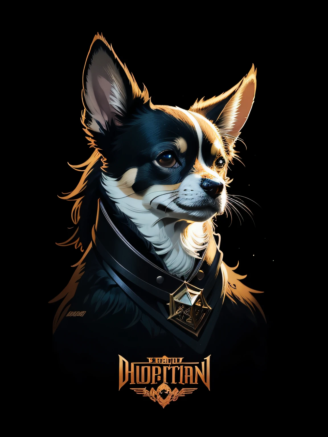 [chihuahua] Heraldic silhouette, logo masking style illustration, by dan mumford, by greg rutkowski, by james jean, black background, fantasy art, mysterious, realistic, majestic, rich vibrant colors, high contrast, seamless water brand, artstation, deviantart, dribble, redbubble, teepublic, sharp focus, simple, hyper detailed, detailed drawing, vectorize, outline, isometric style, 8k."