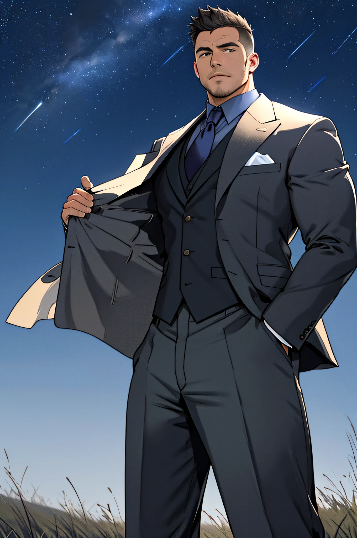 Draw a full-fledged footballer，Standing on the steppe at night，Quiet and comfortable background，He wears the same suit as the country's president，The suit fits perfectly，The man looks confident and determined，looking-down，Crew cut，full bodyesbian，Stars dot the sky，shooting from below，Big moon highlights background