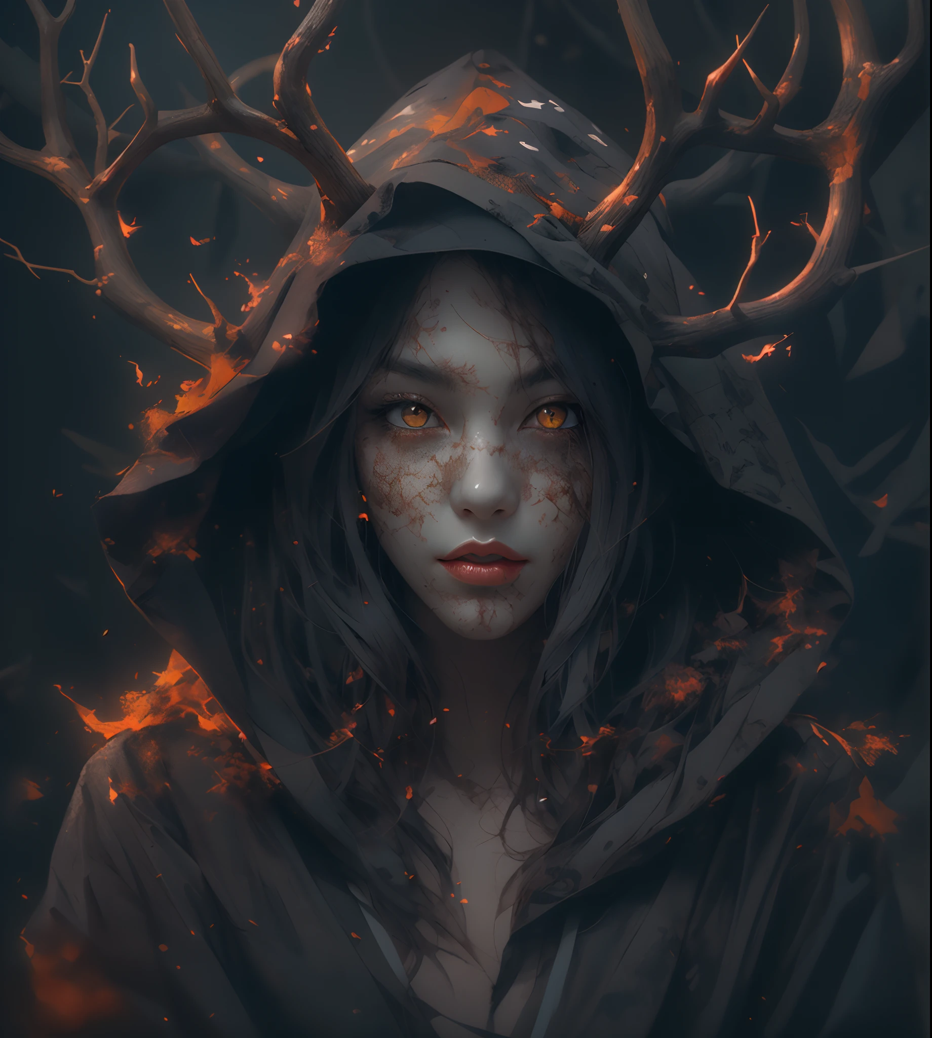 独奏. (Gray gloomy background, Dark Forest, Gray gloomy background, Dark Forest. Gloomy and hopeless, Dark dramatic lighting, vignette), Realistic eyes, beatiful face, 1A girl with a perfect body, Druid, with large deer antlers on the head, cos, wrapped in branches;, (She is dressed in a hooded suit), ((perfect anatomy)), Upper torso, glowing eyes, A surge of dark magic, gotik, Burnt orange gradient, Magic, Nature, Magic Splash, Fantasy art, Digital Painting, soft-lighting, isometric style, retro aesthetics, 4k resolution, с Cinema 4D, natural lighting, Cinematic, Masterpiece, Highly detailed, Intricate, Extreme textures, Horror, terrific, Creepy, Scarimok a sense of sophistication and tranquility. Accentuate the low-poly style, The overall aesthetic should be sleek and stylish, which makes it suitable for branding and logo.