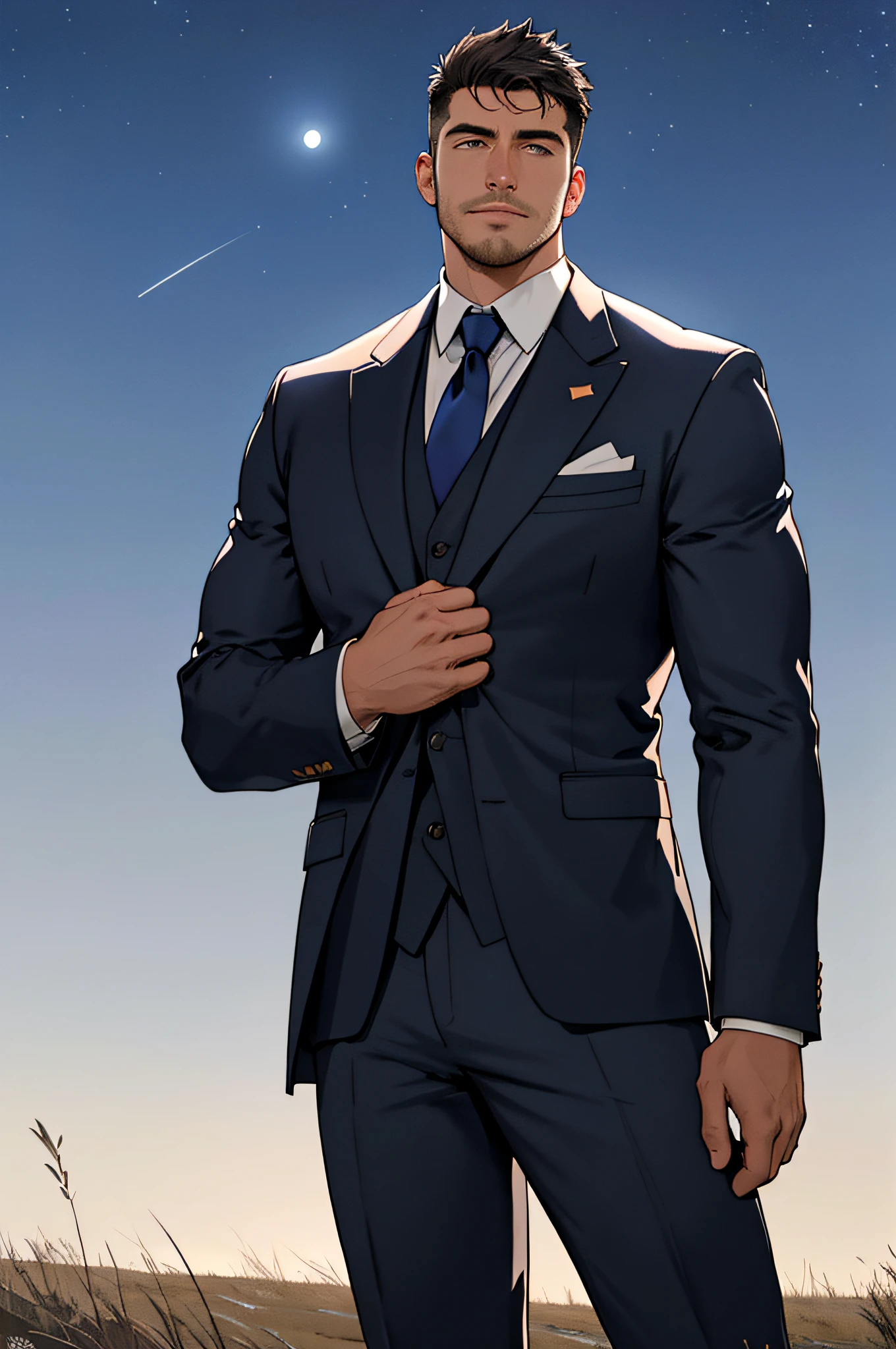 Draw a full-fledged footballer,Standing on the steppe at night,Quiet and comfortable background,He wears the same suit as the country's president,The suit fits perfectly,The man looks confident and determined,looking-down,Crew cut,full bodyesbian,Stars dot the sky,shooting from below,Big moon highlights background