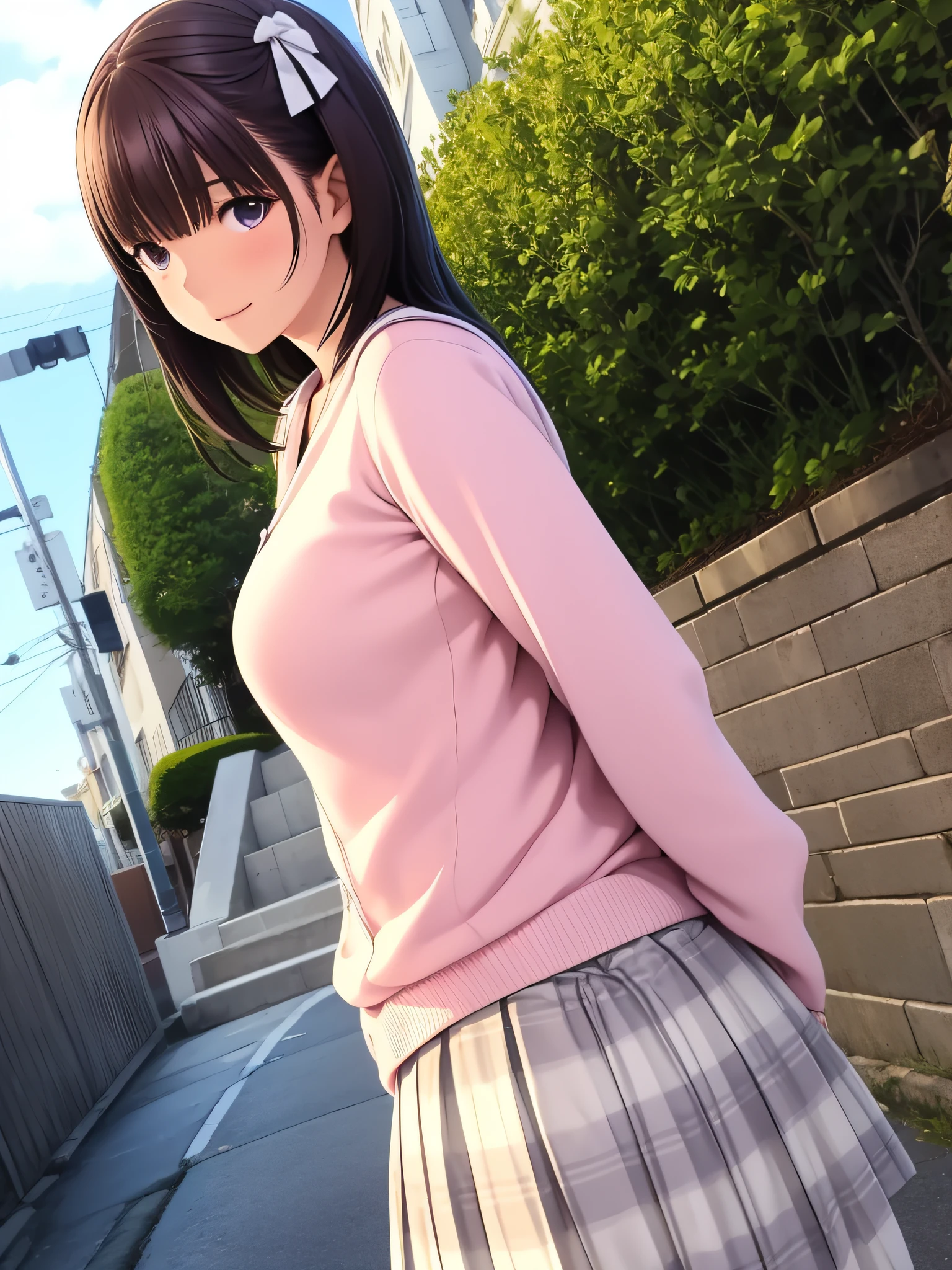 hight resolution,8K,detaileds,Best Quality,1 girl in,slim,semi - realistic anime,Smooth Anime CG,Anime 3D Style,18-year-old woman in Japan,modeled,Glowing skin,shiny chestnut hair,Medium Hair,Detailed face,Beautiful and detailed eyes,profile,Light purple short-sleeved knit,Plaid flared skirt,Brick cityscape in the background,Climbing stairs,photographed from the back,low angles,Background blur,The wind is blowing