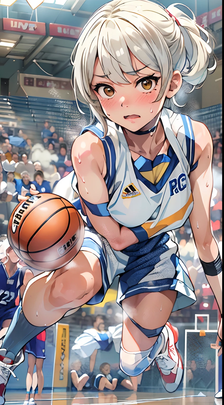 (((masterpiece))), (((best quality))), (((ultra detailed))), (((high-resolution))), ((super fine illustration)), ((Ultimate cutie)), detailed beautiful face,(white hair),(short hair),shiny hair, ((((gyaru)))), (medium breasts), (((solo))), (((embarrassed expression))), ((basketball player)),((jump,acrobatic,hopping)),((dunk shot)), (((hand on the ball))), (sleeveless basketball Uniform), knee pad, elbow pad, ((sweat)), ((covered in sweat)), ((fog)), in basketball Court, lighting, ((from behind)),(((looking at viewer)))