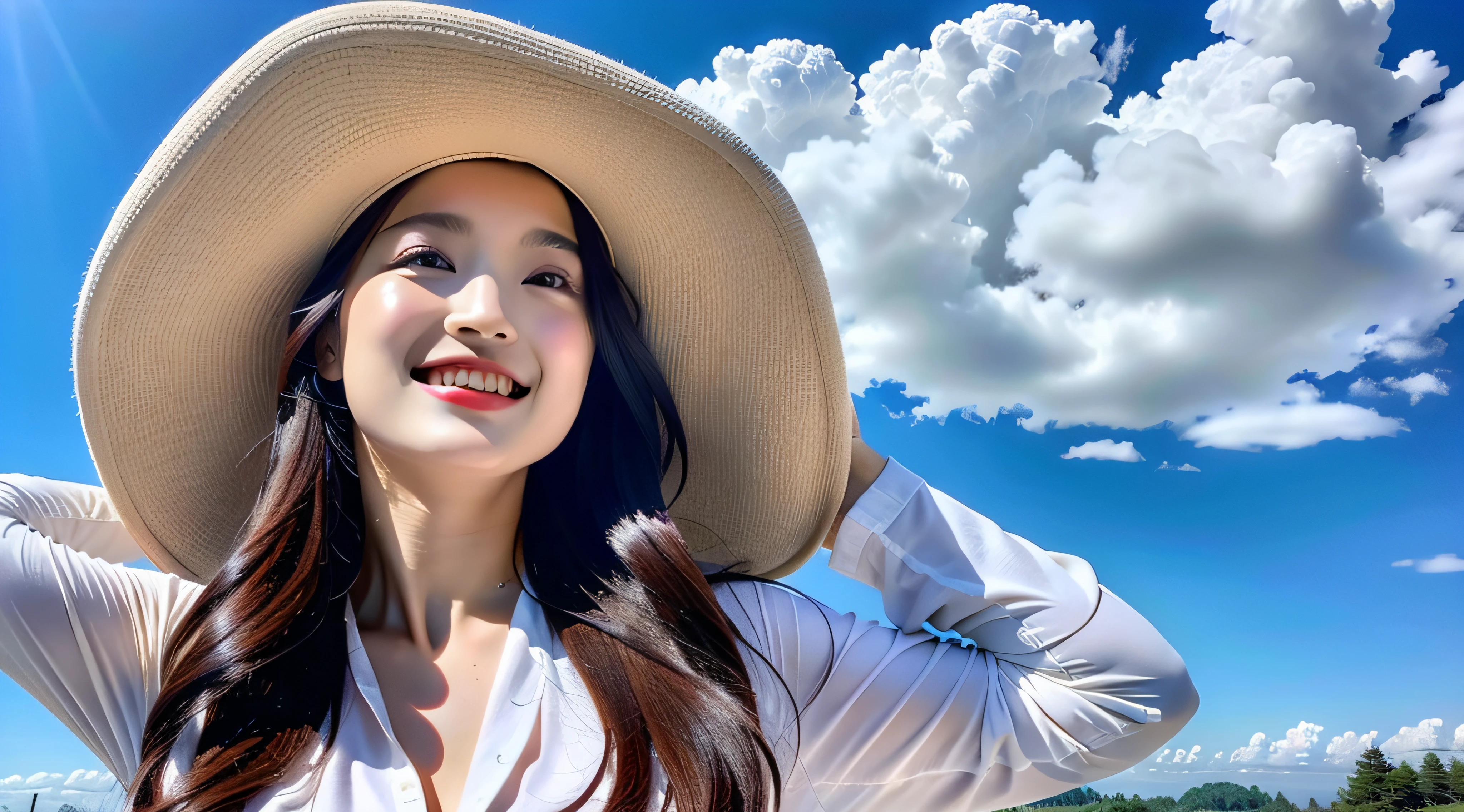 top-quality、8k、Arafe woman in white hat and white shirt, bright sunny day, in a sunny day, a young asian woman, A clear day, Beautiful young Korean woman, Korean Woman, Wearing a travel hat, Young Asian Woman, sunny summer day, beautiful Korean women, in a sunny day, A clear day, asian female, sunny sky, beautiful sunny day