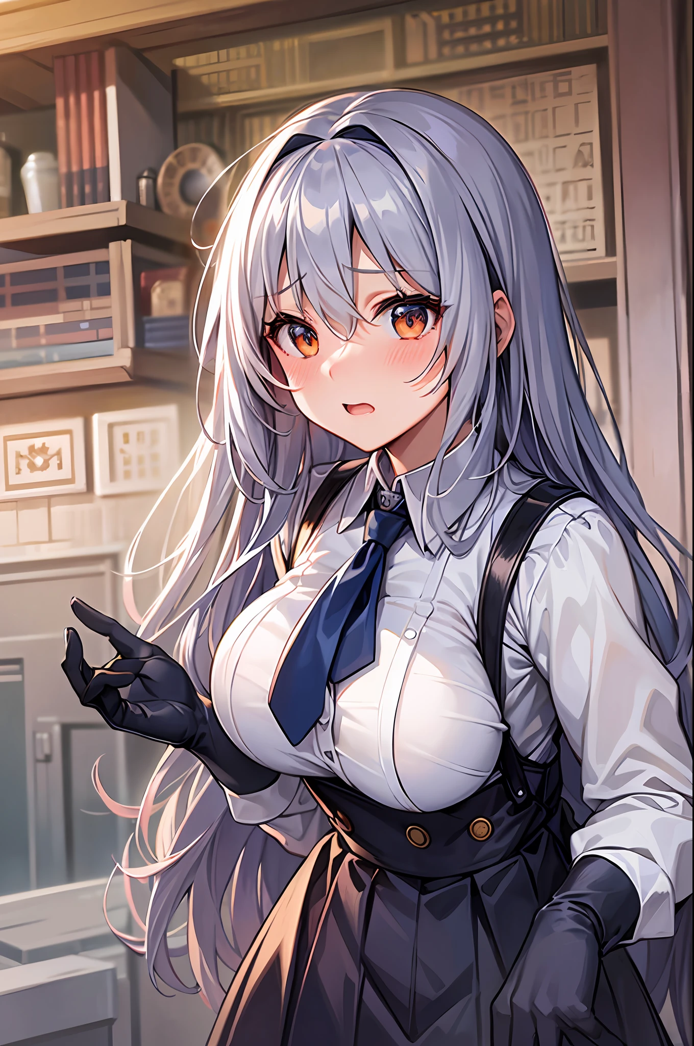 Best Quality, ultra-detailliert, Illustration, silber hair, Aimei,,embarrassed from，red blush，The long-haired，cute  face，beutiful breast，Suspender Skirt，suspenders，Dark blue skirt，neck tie，long-sleeve，