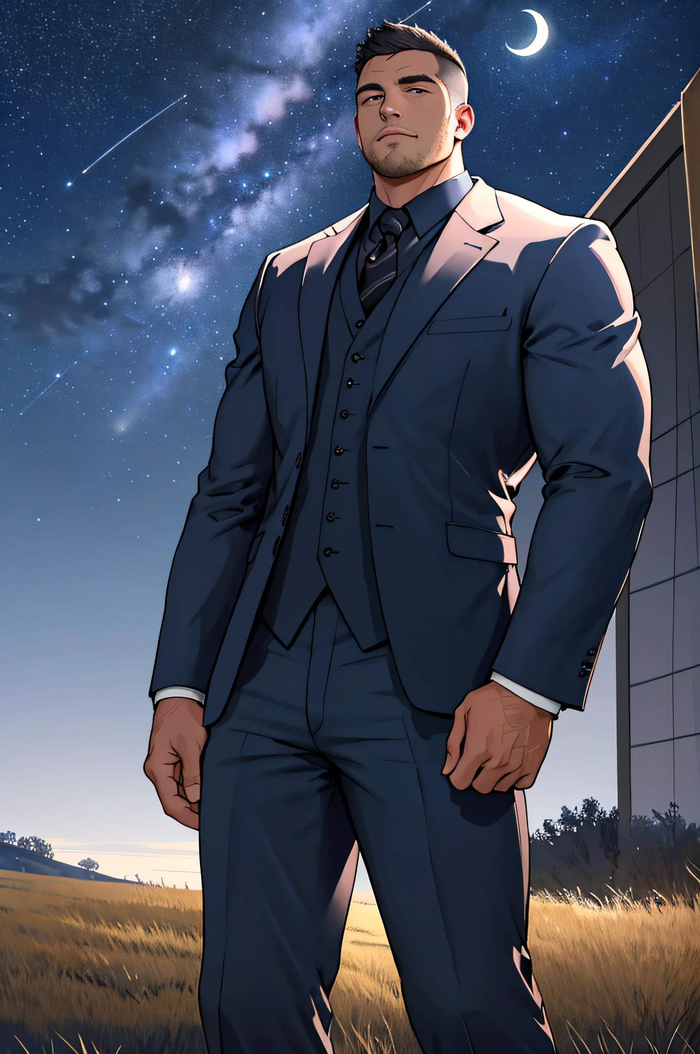 Draw a full-fledged footballer，Standing on the steppe at night，Quiet and comfortable background，He wears the same suit as the country's president，The suit fits perfectly，The man looks confident and determined，looking-down，Crew cut，full bodyesbian，Stars dot the sky，shooting from below，Big moon highlights background