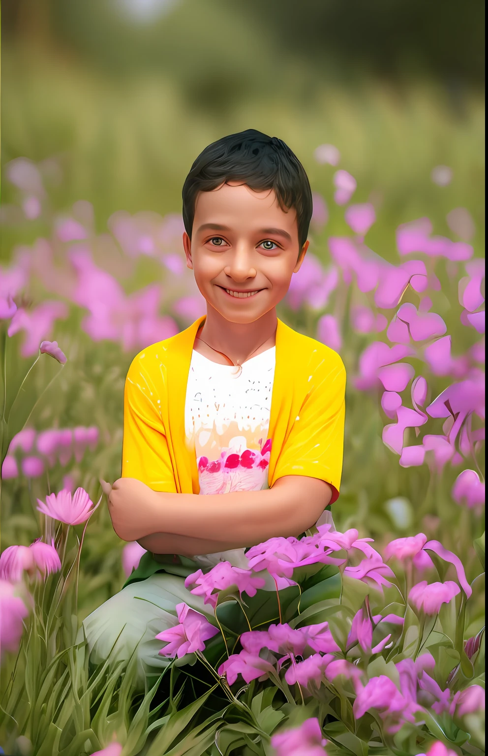 a , very kind cute boy, smiling with curly hair,bright eyes, playing in the garden, garden with lots of flowers, Hyper Realistic 3 D render, 3 D render character art 8 K, Hyper Realistic Render, lovely digital painting, hyper realistic style, ultra realistic render