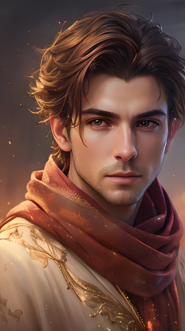(Cinematic Photo:1.3) of (Ultrarealistic:1.3), ((Straight Face)), a photography, HD, photo, man, topless, beautiful red scarf, mdjrny-v5, style portrait of a gorgeous dark hair color male in the style of stefan kostic, realistic, close-up shot, sharp focus, 8 k high definition, insanely detailed, intricate, elegant, art by stanley lau and artgerm, extreme blur flames background, Red, Pastel, glitter, dramatic, dreamy, pastel, Watercolor, Whimsical, Delicate, Trending on Artstation, Highly detailed, Intricate, Portrait, digital painting, Fantasy theme, Fantasy robes, Fantasy concept art, Fantasy character art, Smug, age boy, perfect body, dreamy, pastel, Watercolor, Whimsical, Delicate, 8k, perfect lighting, adult, male, cinematic lighting, Fawn,Highly Detailed