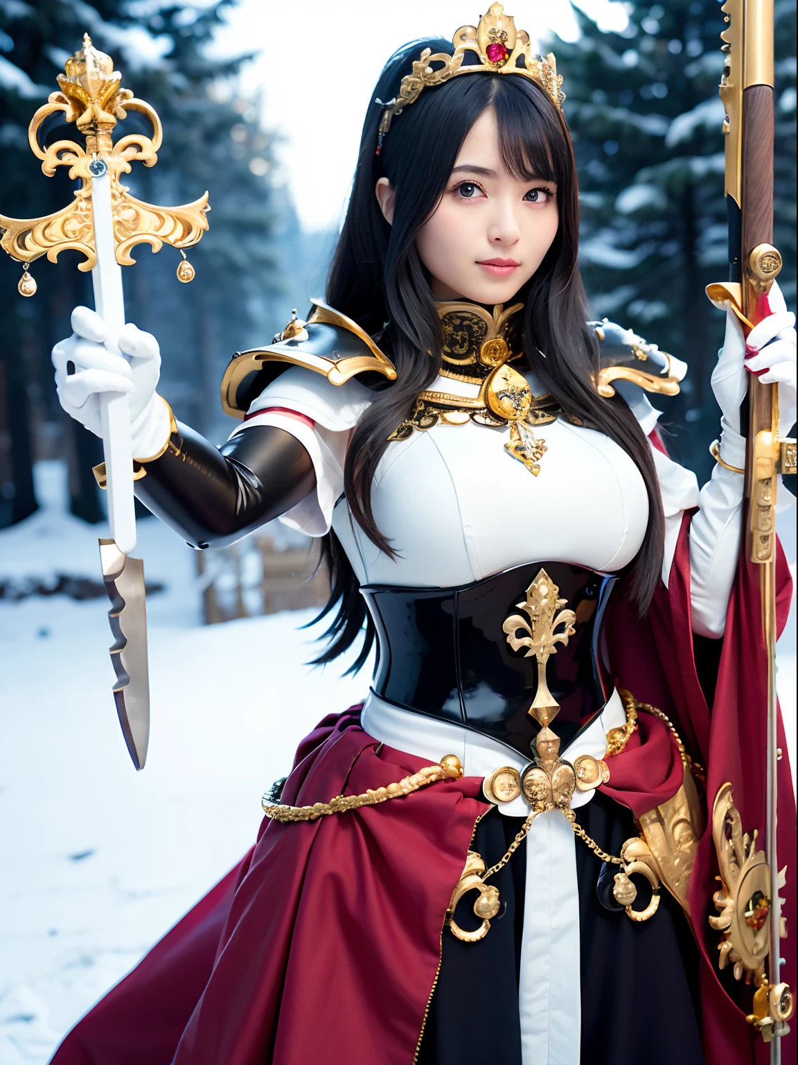 (masutepiece), Professional , ​masterpiece、top-quality、photos realistic , depth of fields （Gemstone Silver Metal Body:1.９),(Matte White、Jewel Gold Weapon（Jewel Metal Body:1.４),Gorgeous metal weapons , Detailed Sword of the Brave , Beautiful knife   ,warhammer 40k , adepta sororitas,Detail and ornate jewel crown、Black hair、Gangle's forest background、Beautiful Caucasian beauty、１a person、dynamic ungle,(((Detailed and ornate diamond crown)))、Smaller head、A smile、Take a sexy pose、Background inside the castle、Thin and beautiful female hands、cleavage of the breast、Soldier in iron armor on background、Soldier in iron armor on background、