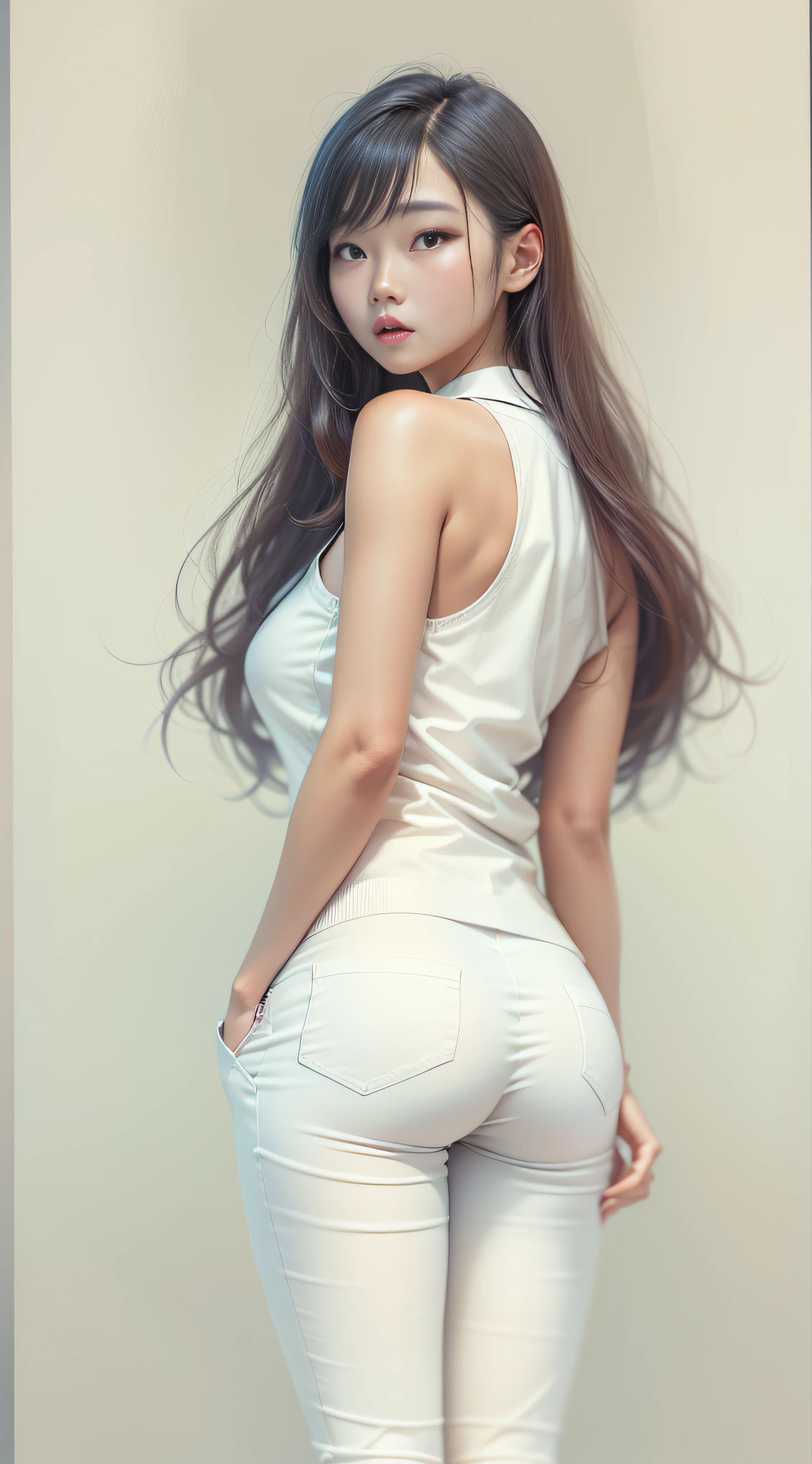 Young 24 year old, Beautiful petit Korean lady, detailed, nude nurse without uniform, white uniform, white pants, full body view, head to toe, rear view