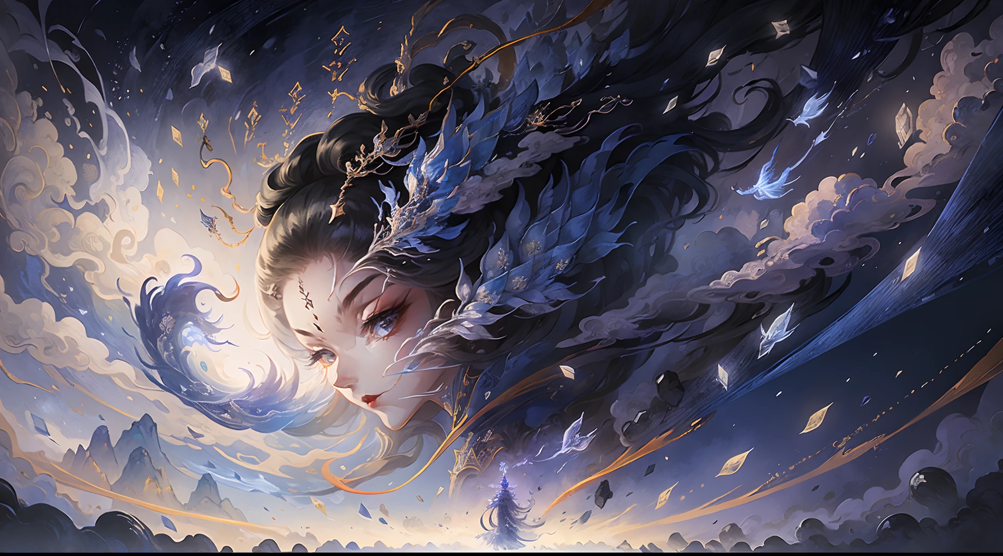 Ink wind，Obvious ink strokes， Auspicious clouds， aethereal，The void is dotted with stars， tmasterpiece， super detailing， Epic composition， hyper HD， high qulity， extremely detaile， offcial art， 统一 8k 壁纸， super detailing