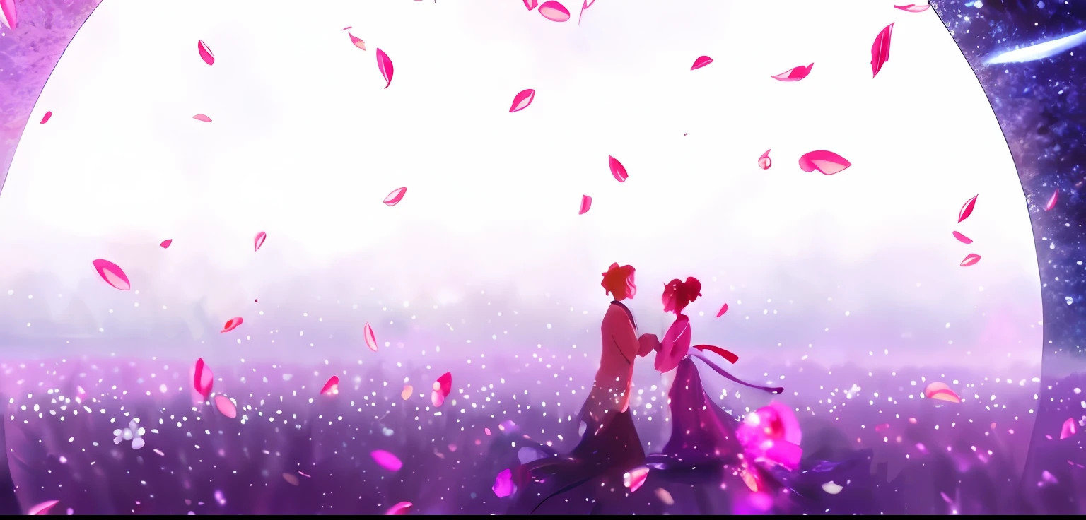 Anime couple in a field of flowers，The background is the full moon。, anime beautiful peace scene, with petals falling, pink petals fly, anime backgrounds, Falling petals, beautiful anime scenes, anime movie backgrounds, sakura petals around her, concept art of love, Beautiful anime, colorful anime movie background, Everywhere petals are falling, falling flower petals, blurry and dreamy illustration