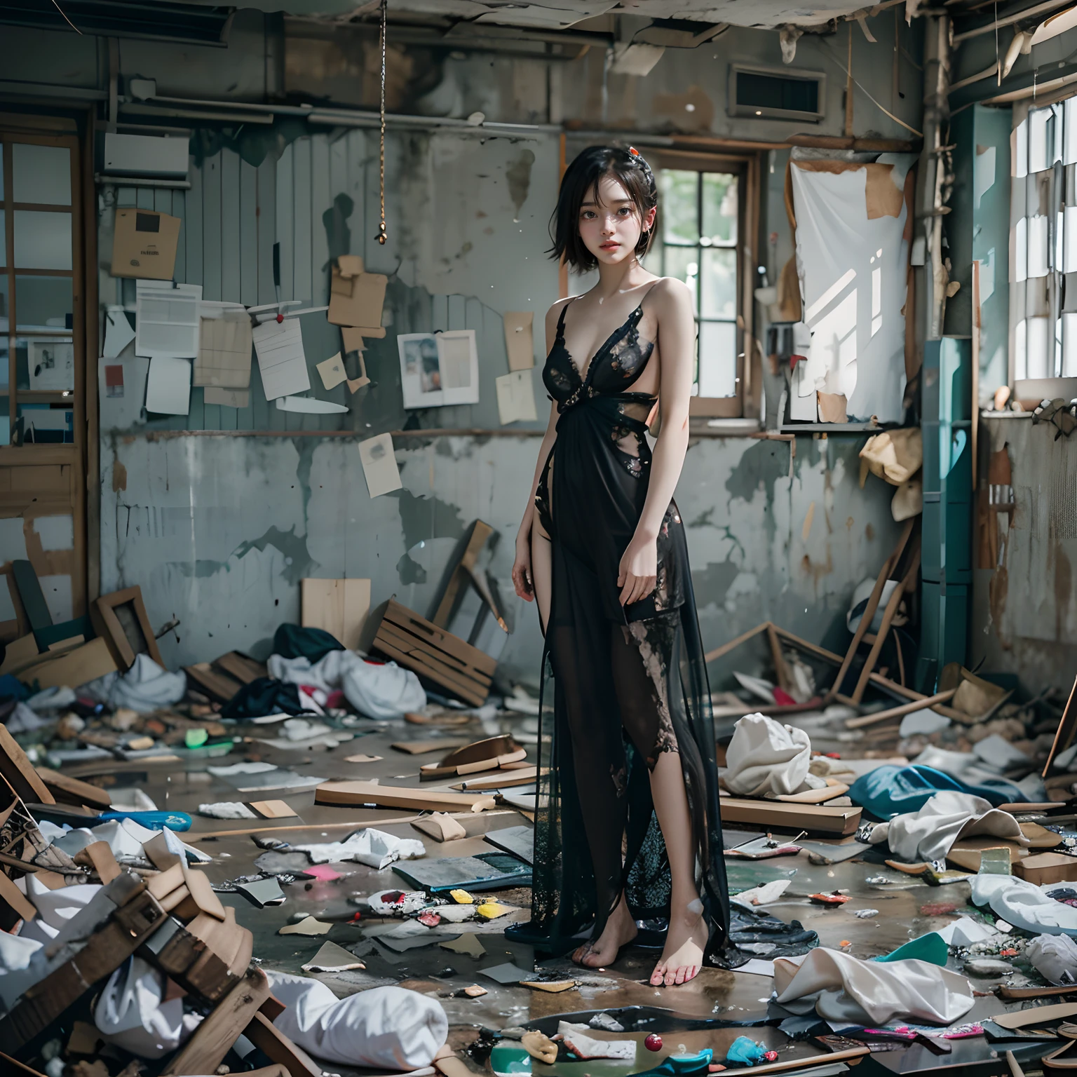 abandoned building，Garbage all over the ground 1：2，Devastated 1：2，Dilapidated，Sexy standing pose，full-body portraits（1：1），18 years old korean beauty，The barefoot，(Slender and slender figure)，Skinny，As thin as a whipping post，Smaller bust，(((Nudity all over)))，exhibitionists，Random exposure of genitals