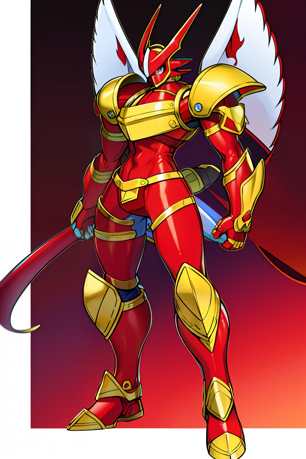 Masterpiece, best quality, flamedramon, red eyes, solo, multicolored body, white body, blue body, red mask, red shirt horns, cave, leg strap, arm strap, claws, red leg armor, standing, large gauntlets,