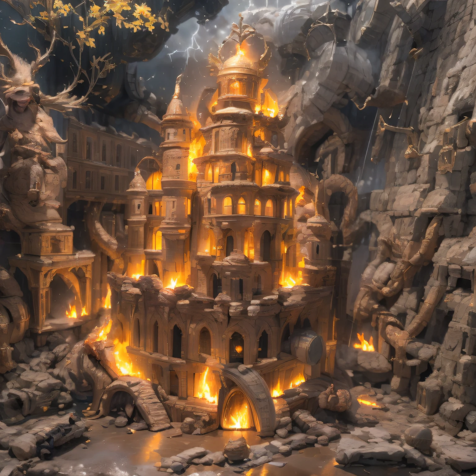 In heavy rain,((A huge castle complex of ancient square-topped stones burning in the fire))The picture quality is excellent,Lightning,Yellow light fog,电影灯光,Natural, realistic colors,Full composition,The style refers to Van Gogh,Subject content,Burning wooden ancient domed stone giant castle game scene 1:60 miniatures,Lightning and lightning