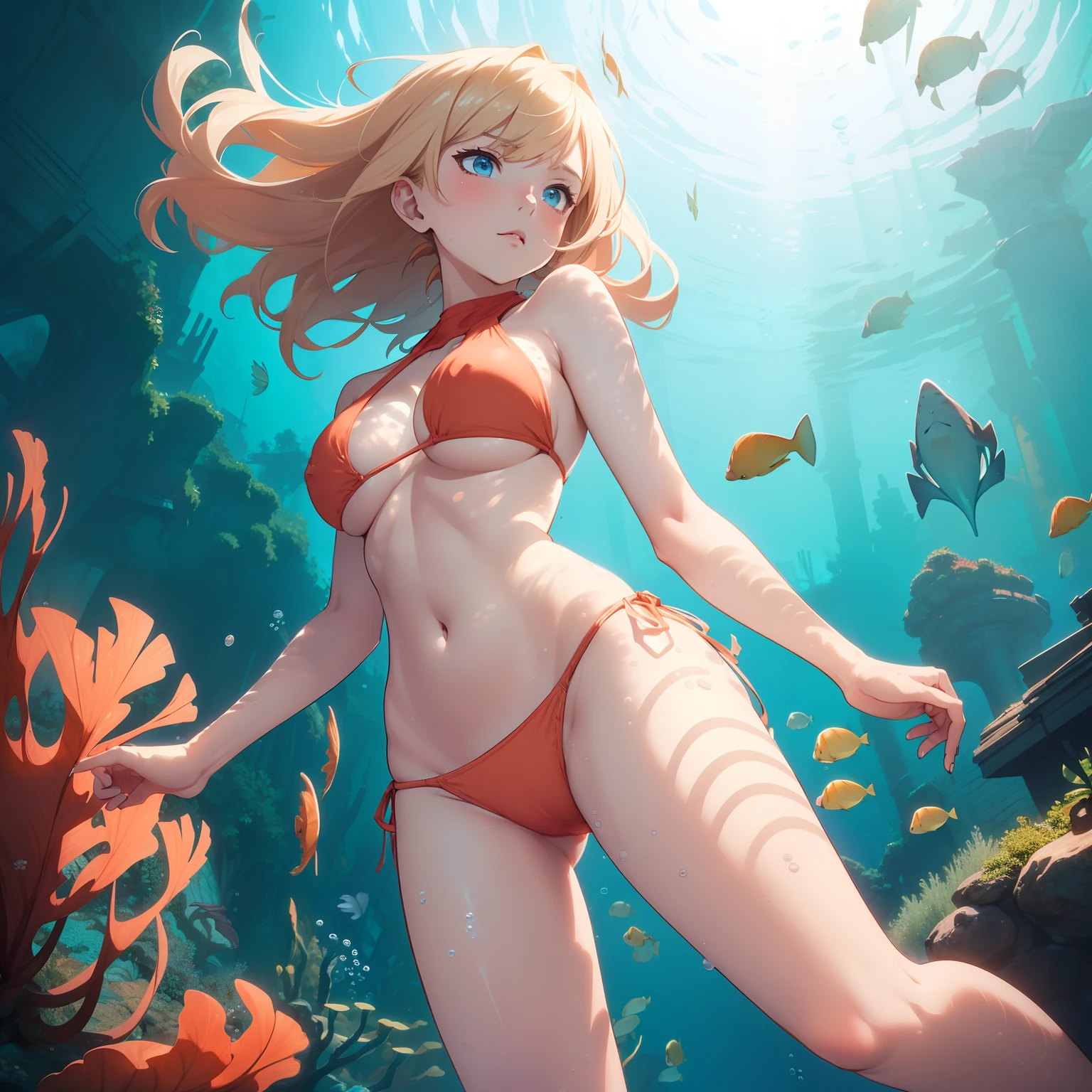 (masterpiece, 8k, best quality), photorealistic, cinematic, dynamic background, anime girl, short blonde hair, (((full body shot, from below:1.5))), (((focus on her face and chest))), perfect anatomy, curvaceous body, alluring, perfect eyes, perfect hands, perfect eyes, detailed eyes, large cleavage, round ass, long round legs, (((underwater:1.5))), (((Halter Neck Bikini in coral and peach color, underboobs))), underwater scenery, aquatic life around, bubbles, sunshine above, the swimmer's body is facedown, and the arms move simultaneously in a circular motion, propelling the body forward, the legs execute a whip kick, where the feet are turned outward and then brought back together in a snap, extremely detailed Artgem, IG model, alena aenami and artgem, krenz cushart and artgem, artgem and atey ghailan