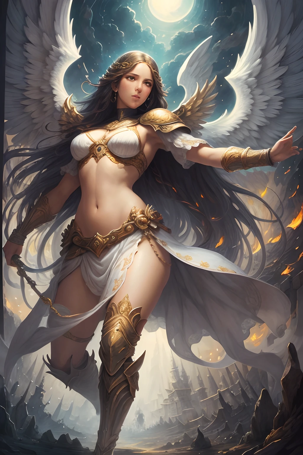 "Obra maestra, calidad excepcional, Detailed illustration in ultra high resolution, Powerful Angel, venciendo a multitudes de guerreros"